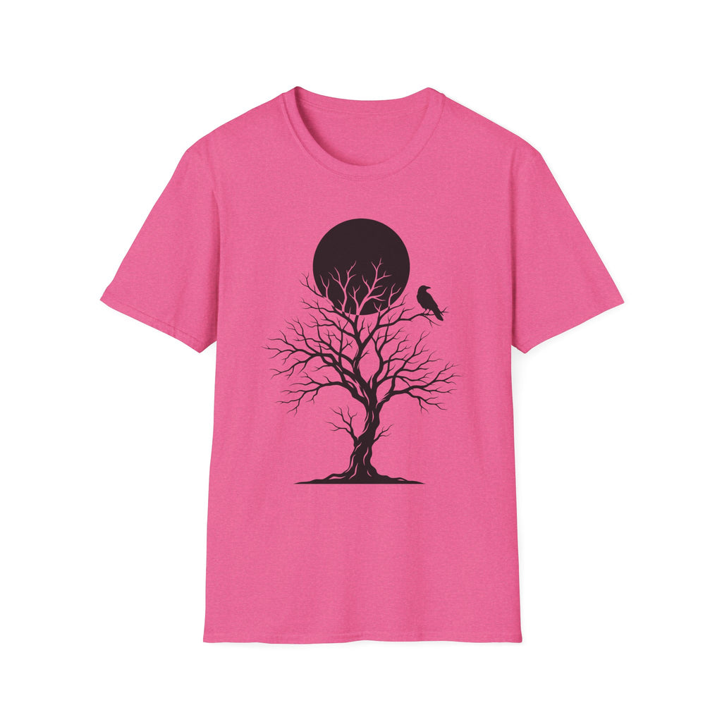 Pink Raven Moon T-shirt with black tree silhouette, bird, and moon circle print
