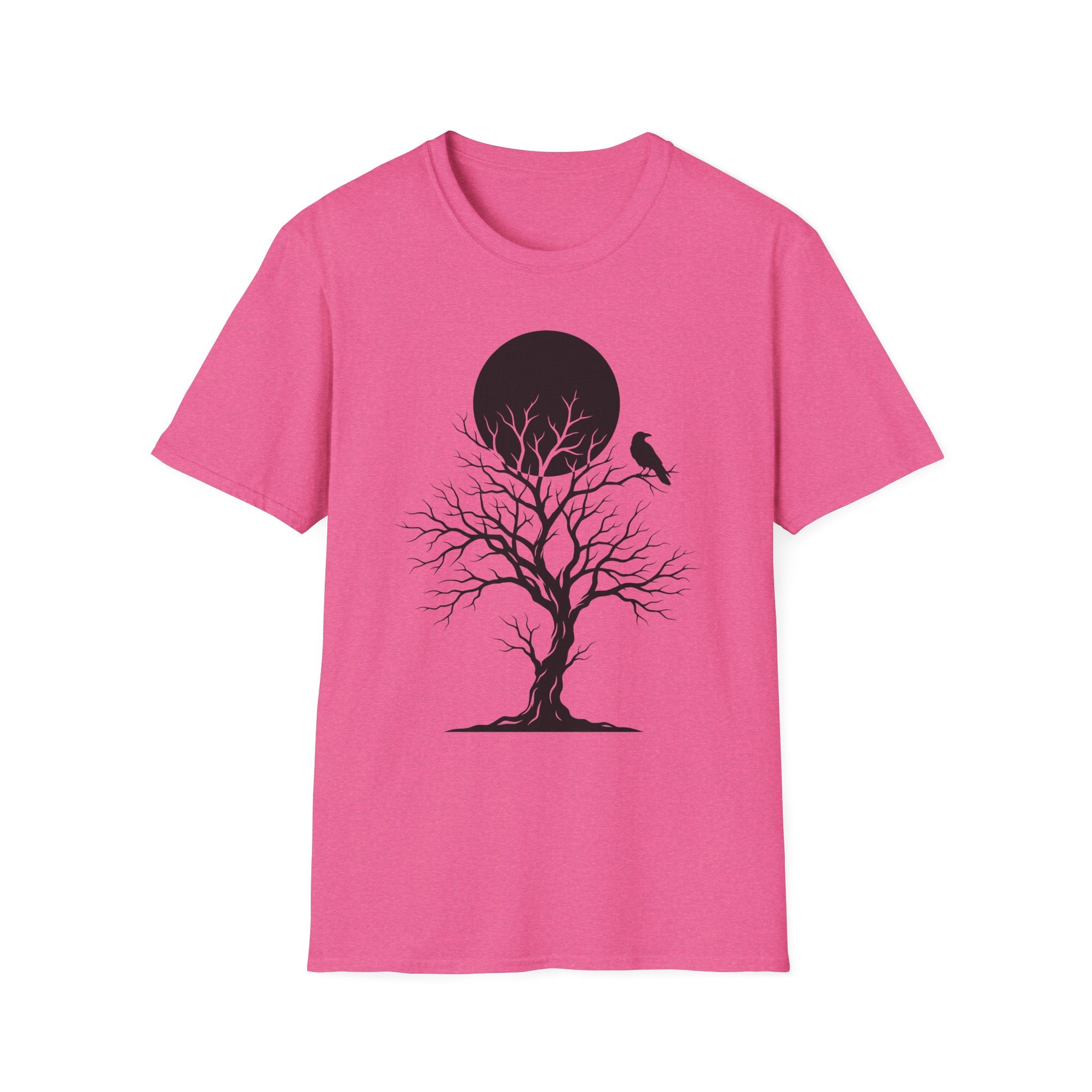 Pink Raven Moon T-shirt with black tree silhouette, bird, and moon circle print
