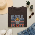 Brown basketball T-shirt with retro hoop 'Ball Is Life' graphic