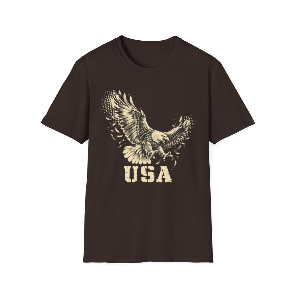 Dark brown crew-neck T-shirt with soaring bald eagle and “USA” graphic print