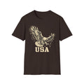 Dark brown crew-neck T-shirt with soaring bald eagle and “USA” graphic print
