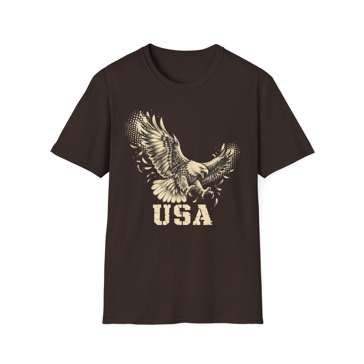 Dark brown crew-neck T-shirt with soaring bald eagle and “USA” graphic print
