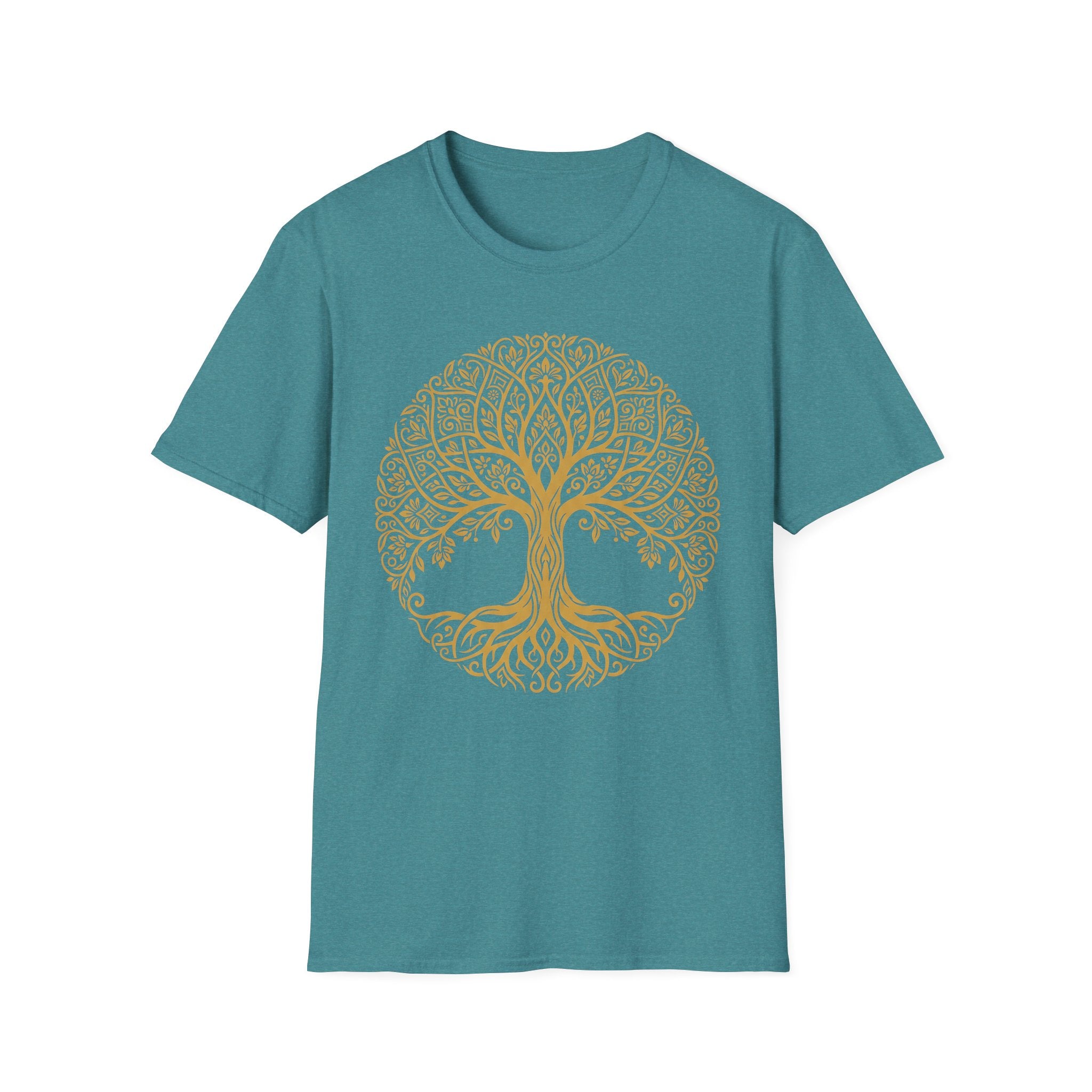 Gold Tree of Life T-shirt, Celtic mandala tree graphic on teal-blue tee
