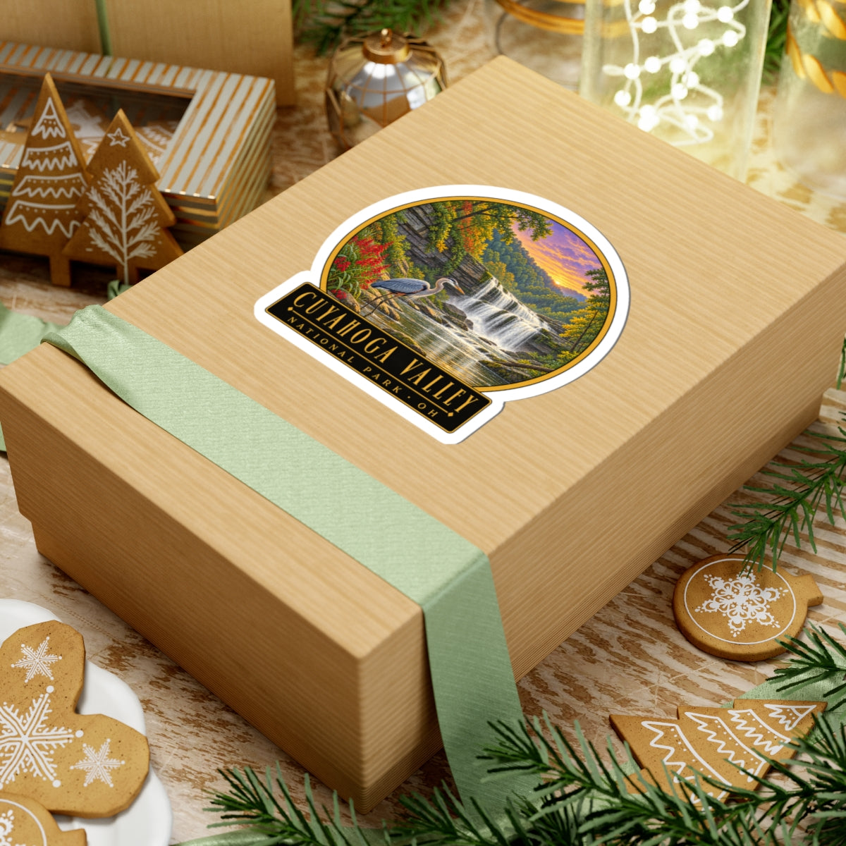 Kiss-cut vinyl sticker on a wrapped gift: waterfall and heron with “CUYAHOGA VALLEY OH” text