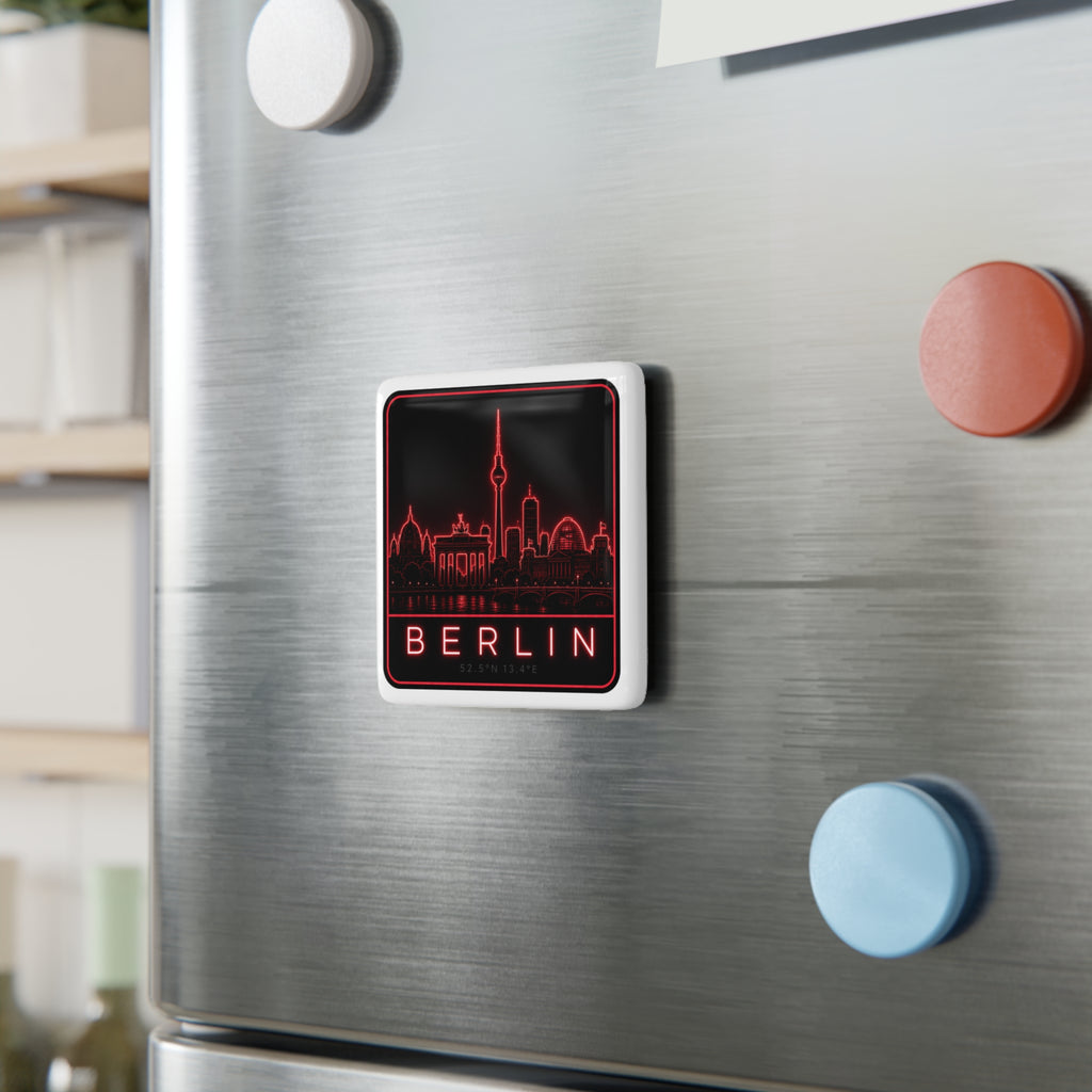 White square Berlin neon skyline fridge magnet attached to a metal refrigerator