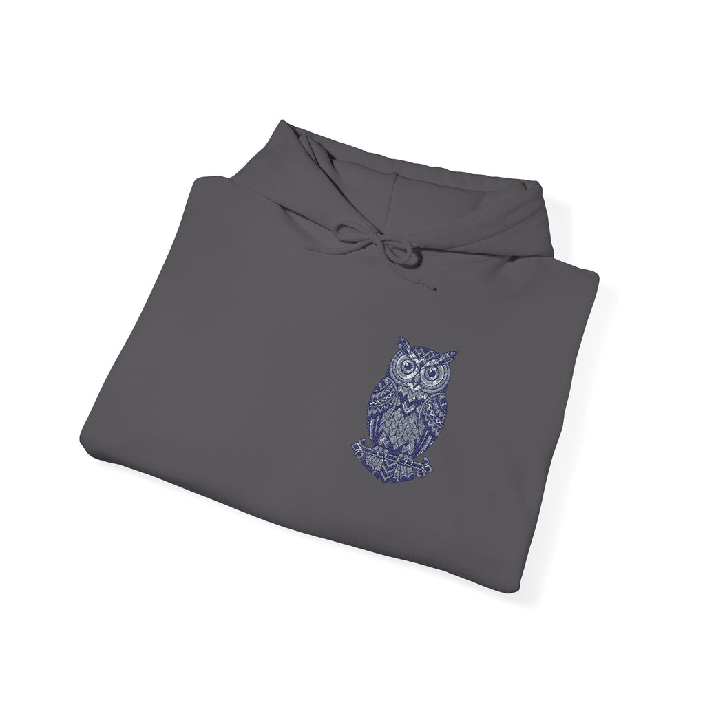 Dark gray hoodie sweatshirt with blue owl chest print