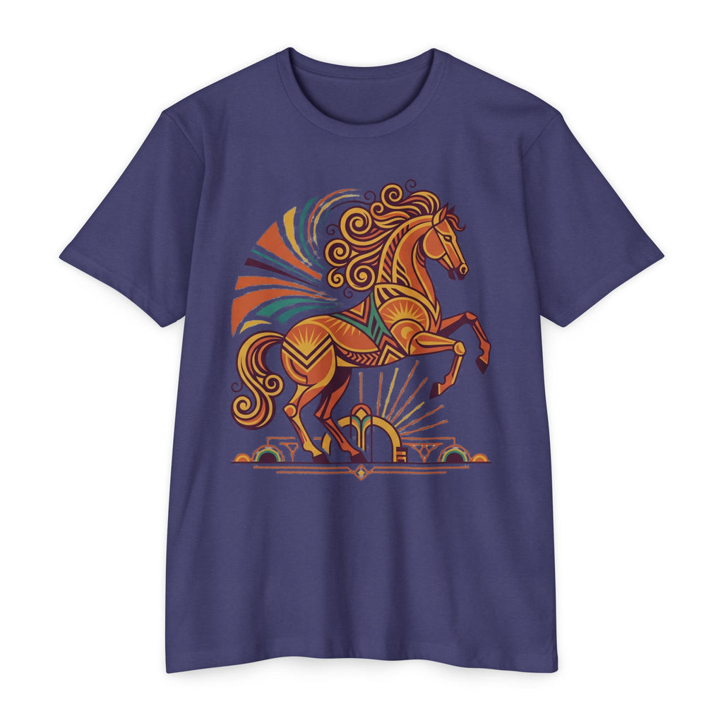 Purple t-shirt with prancing horse graphic in orange and teal swirl details.