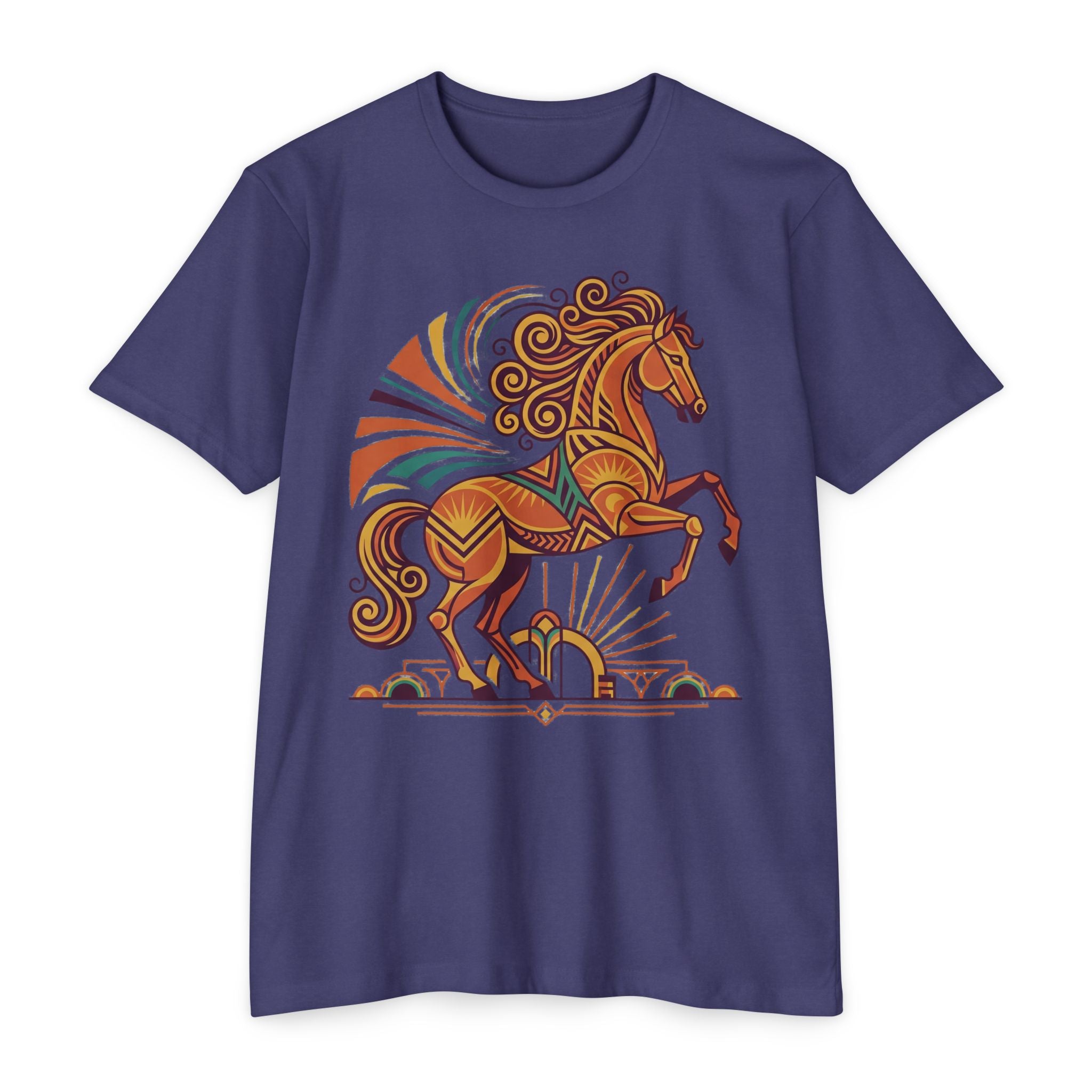 Purple t-shirt with prancing horse graphic in orange and teal swirl details.