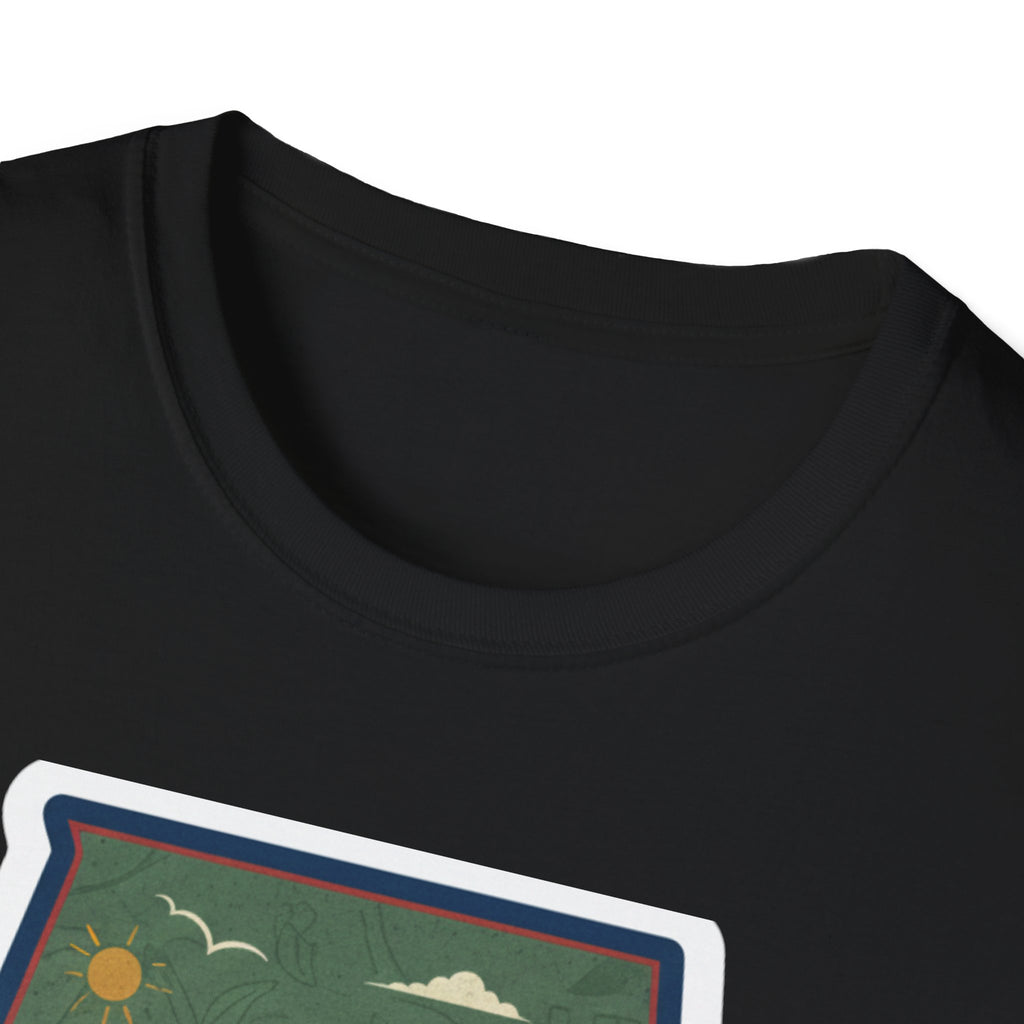 Black T-shirt neckline with partial Alabama landscape graphic