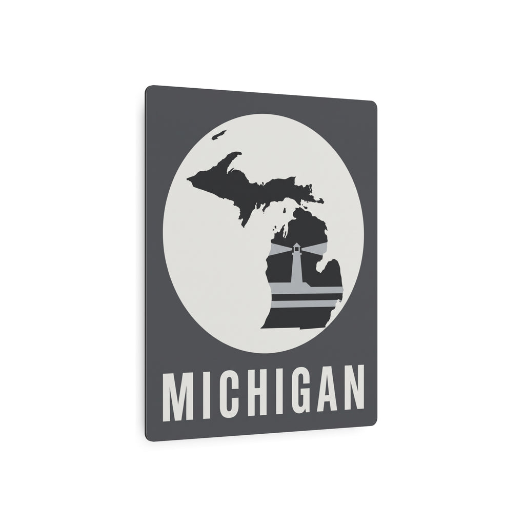 Square dark gray metal wall sign with Michigan circle map, lighthouse graphic, and MICHIGAN text