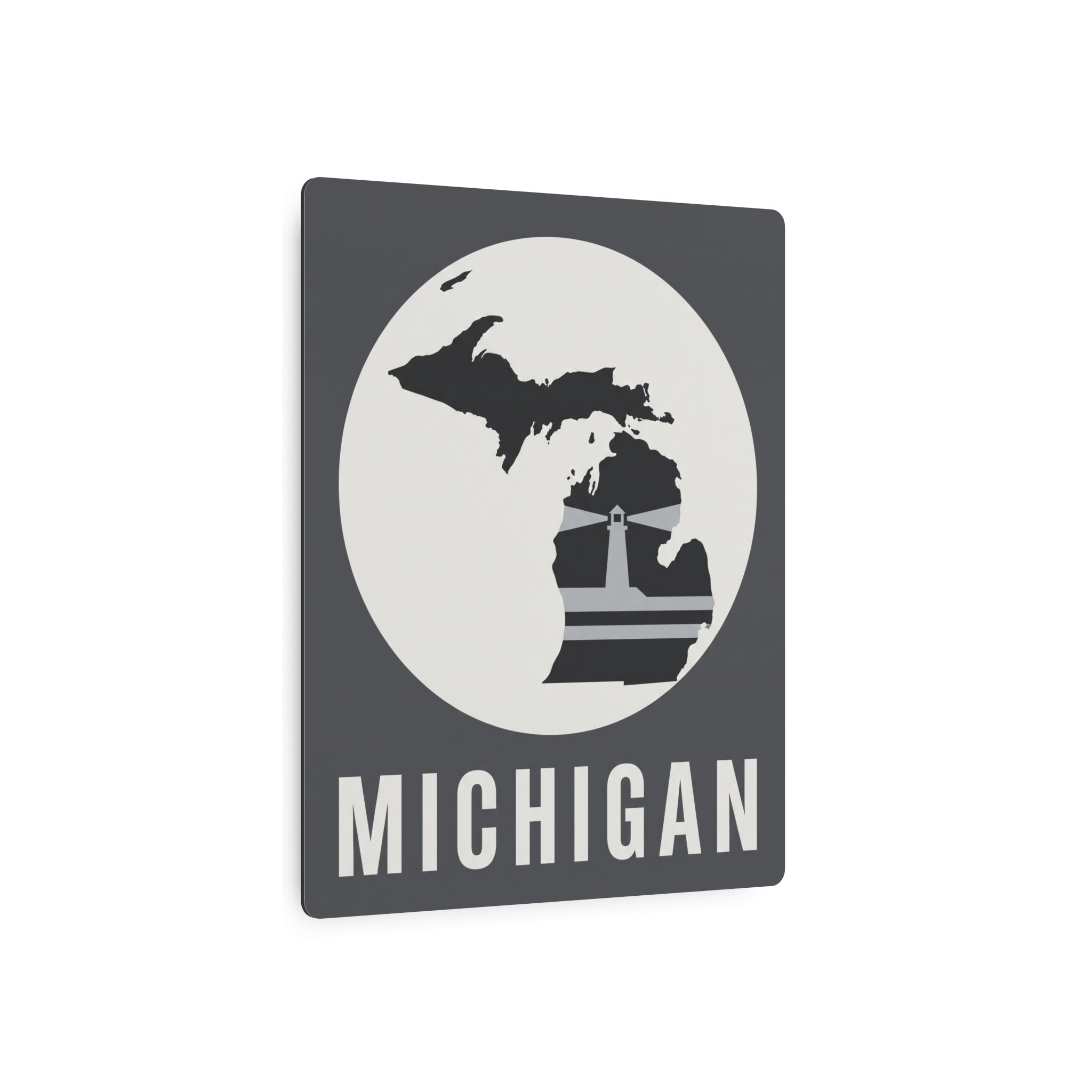 Square dark gray metal wall sign with Michigan circle map, lighthouse graphic, and MICHIGAN text
