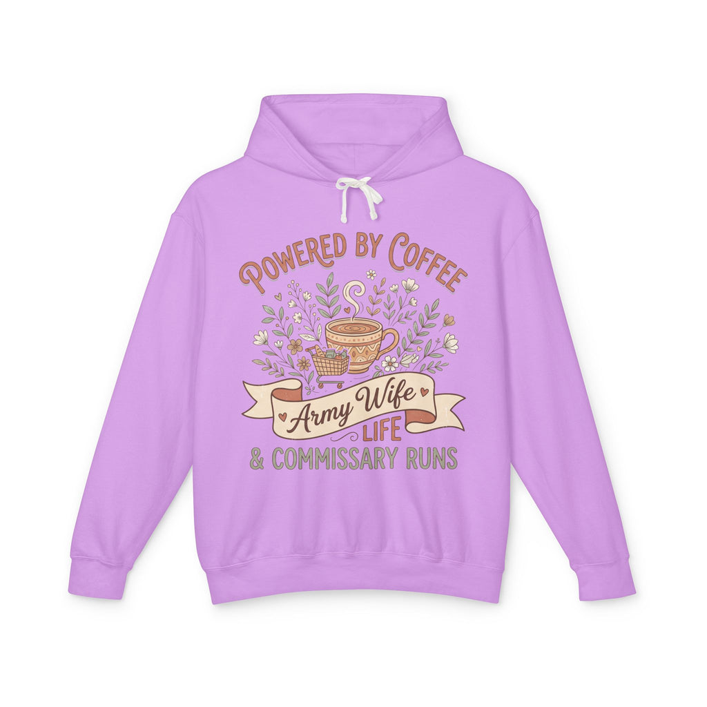 Purple pullover hoodie with drawstring hood; 'Powered by Coffee' graphic