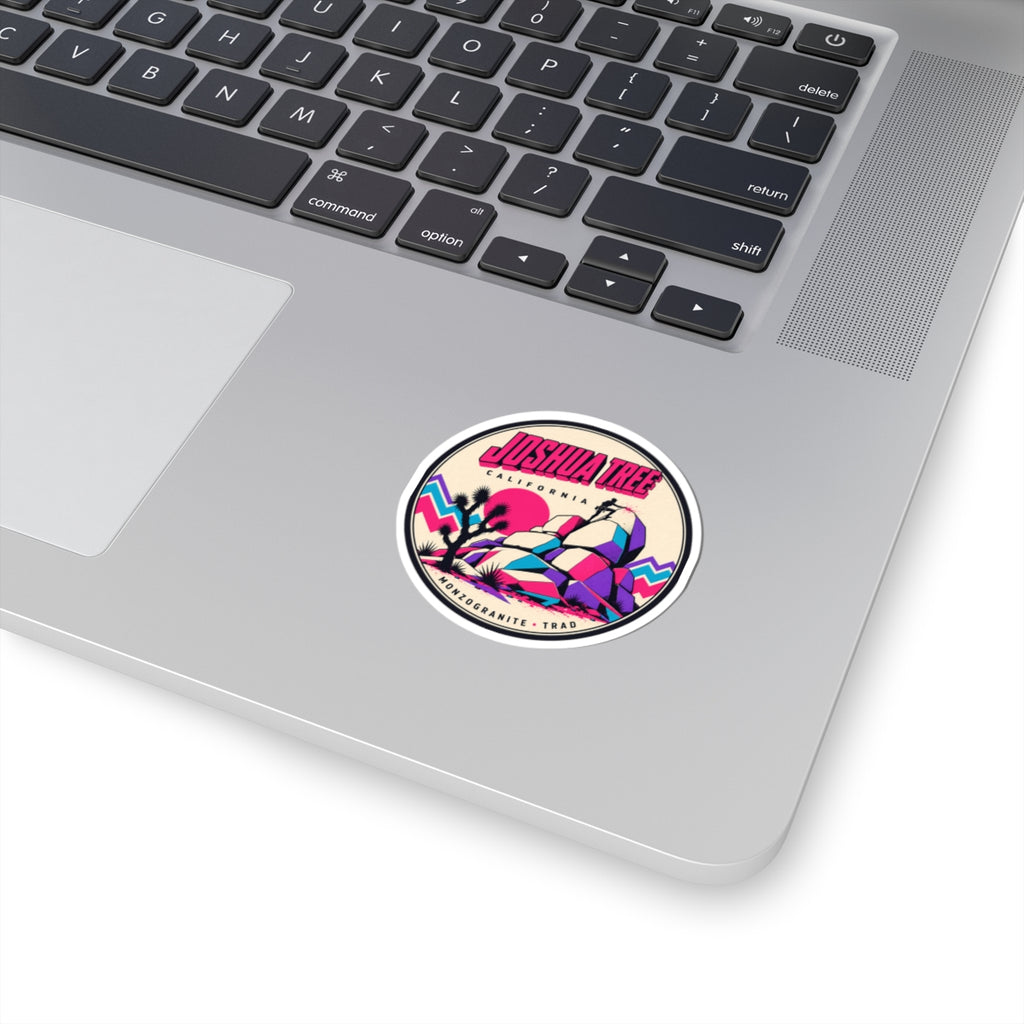 Circular multicolor vinyl sticker with Joshua Tree rock formation illustration