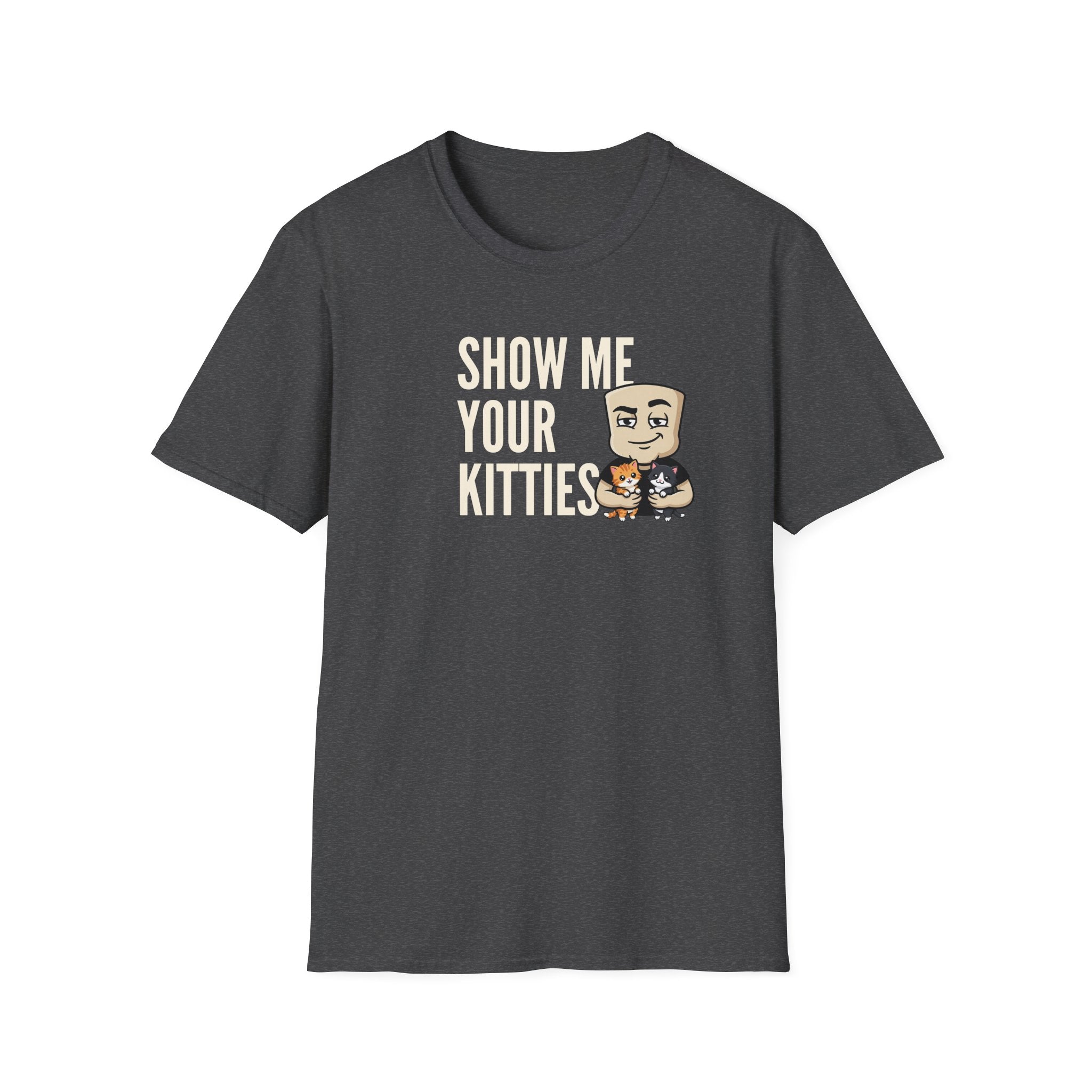 Charcoal T-shirt with 'Show me your kitties' slogan and kitten cartoon.