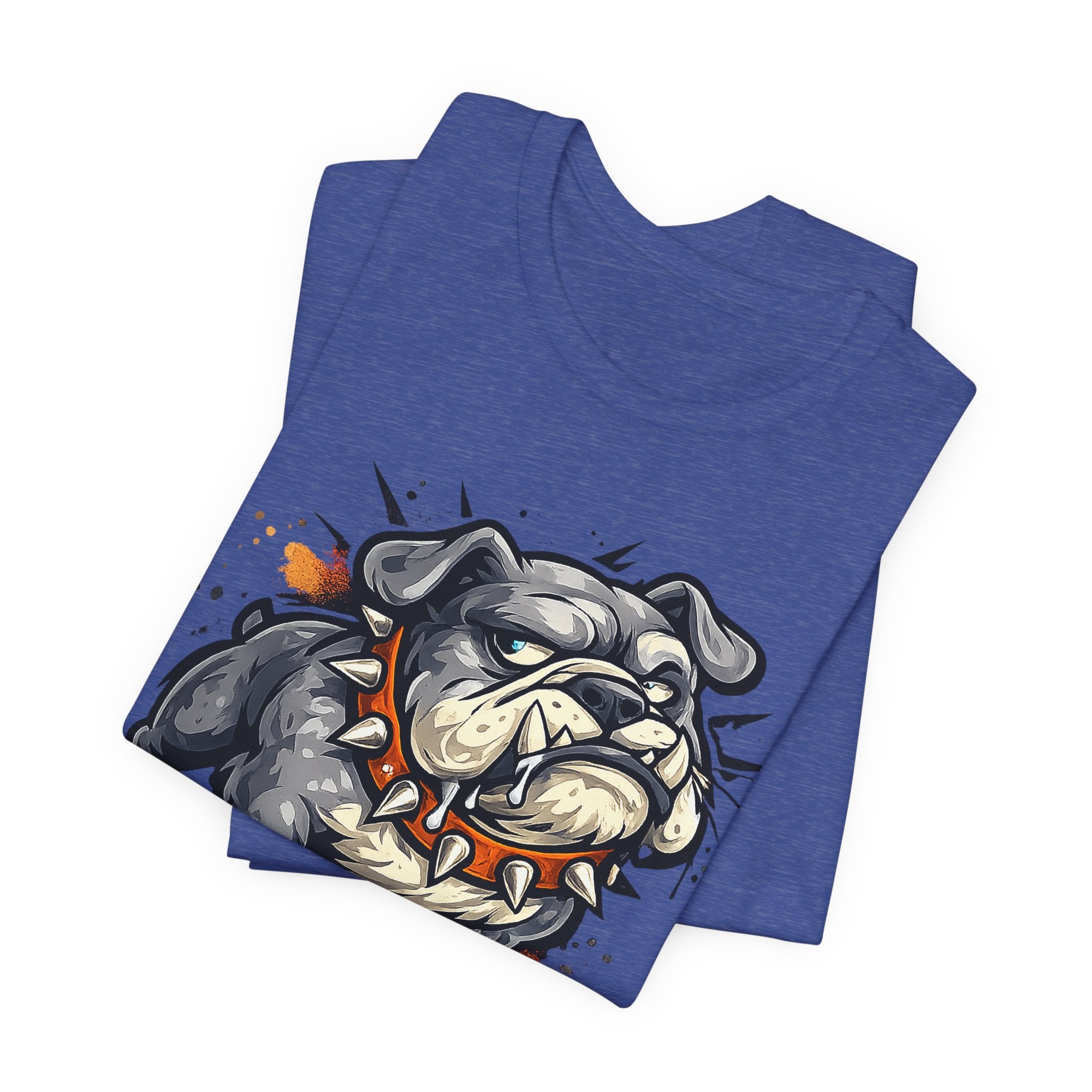 Royal blue t-shirt with bulldog graphic featuring gray fur and orange accents