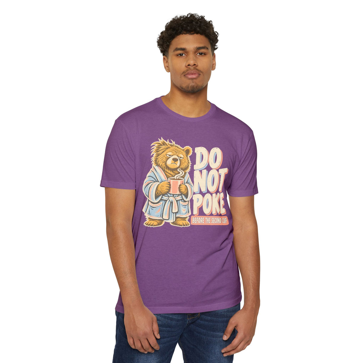 Purple short-sleeve T-shirt with grumpy bear coffee graphic and “DO NOT POKE” text