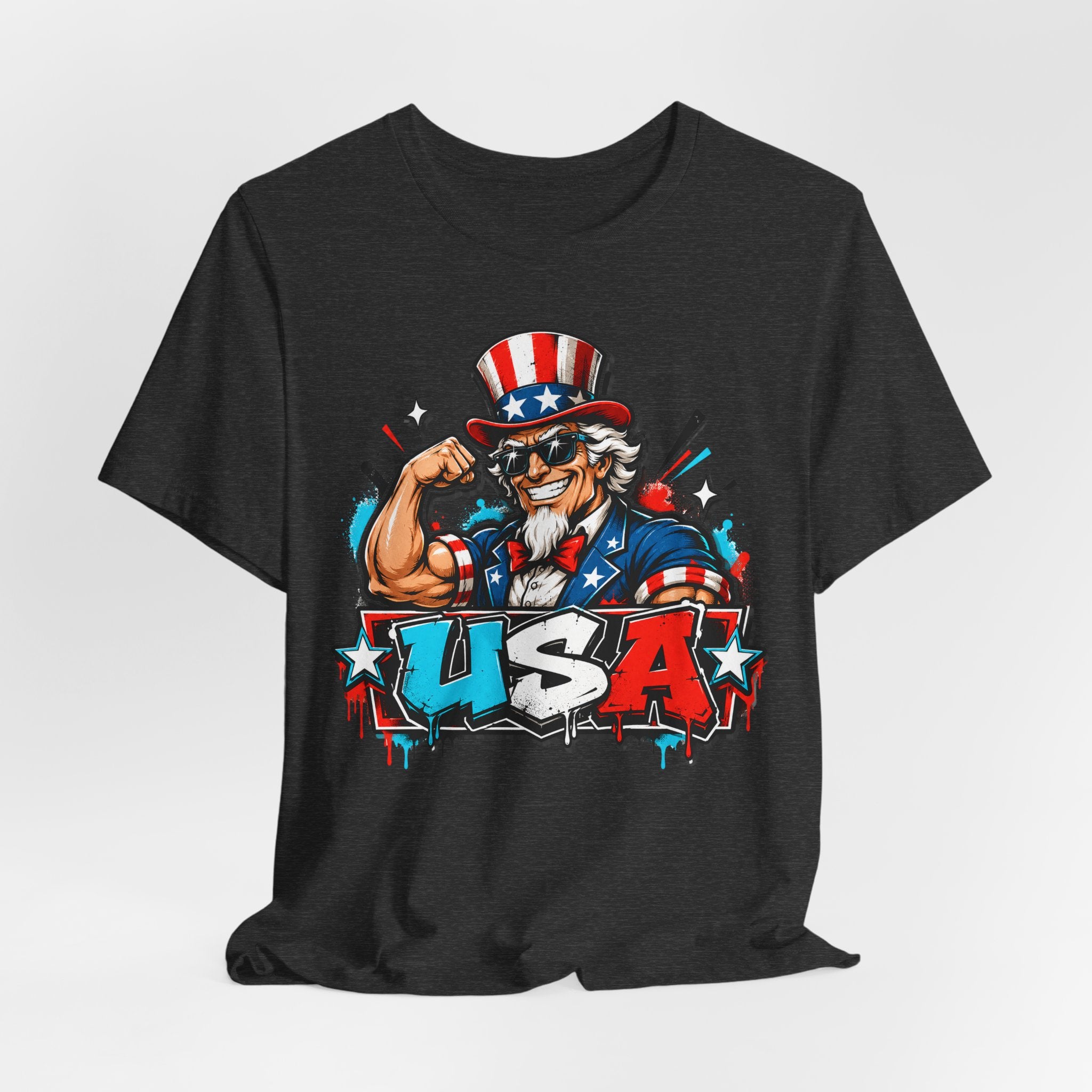 Black muscle T-shirt with Uncle Sam USA graphic on front