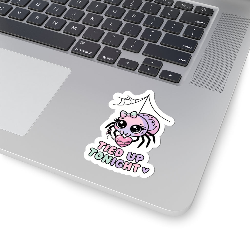 Kiss-cut sticker featuring a pink spider character with bow and heart, 'TIED UP TONIGHT'