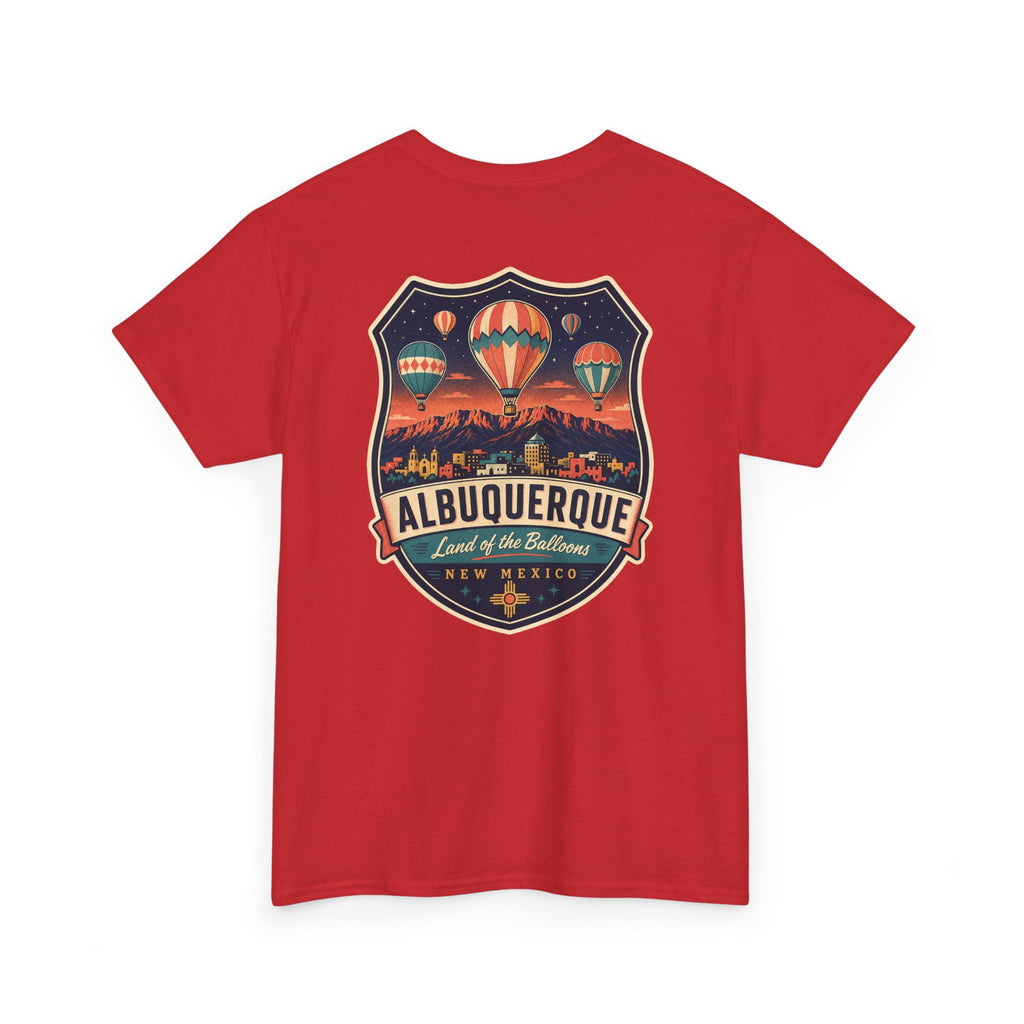 Red T-shirt with Albuquerque hot air balloon badge graphic on chest