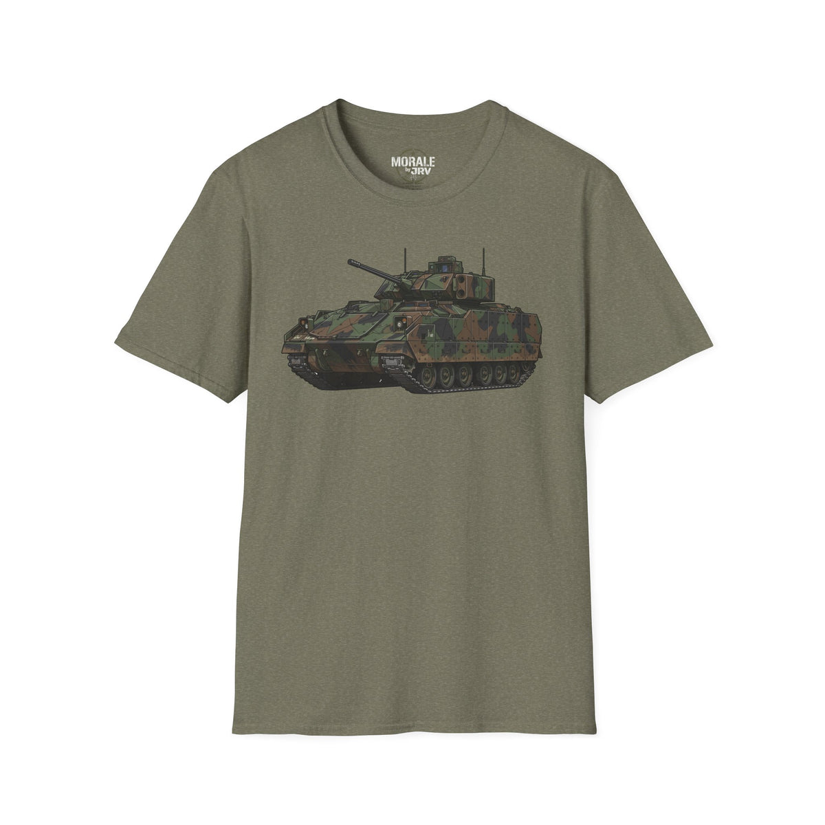 Olive green crew-neck T-shirt with camo battle tank graphic