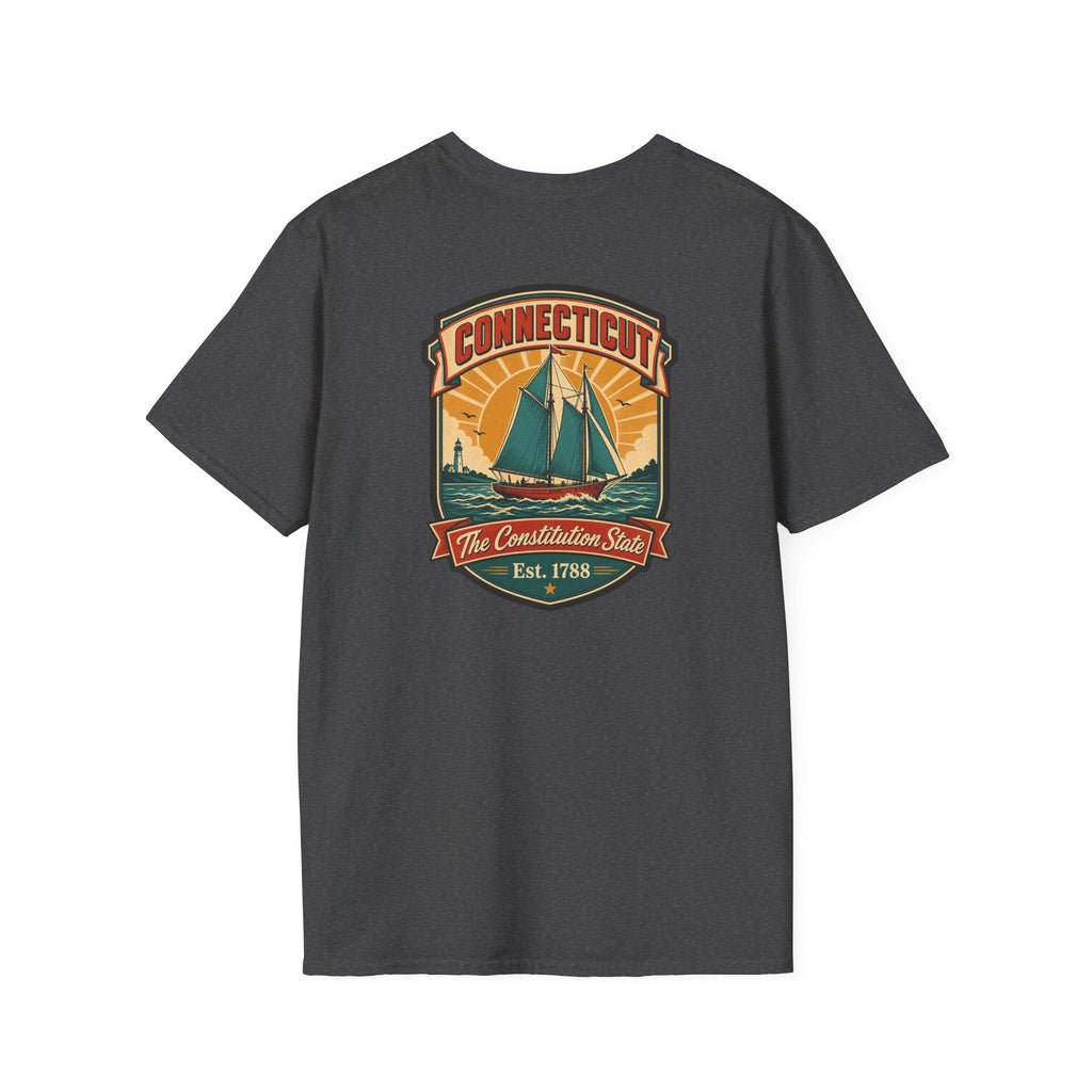 Dark gray T-shirt with Connecticut badge sailboat graphic on the chest