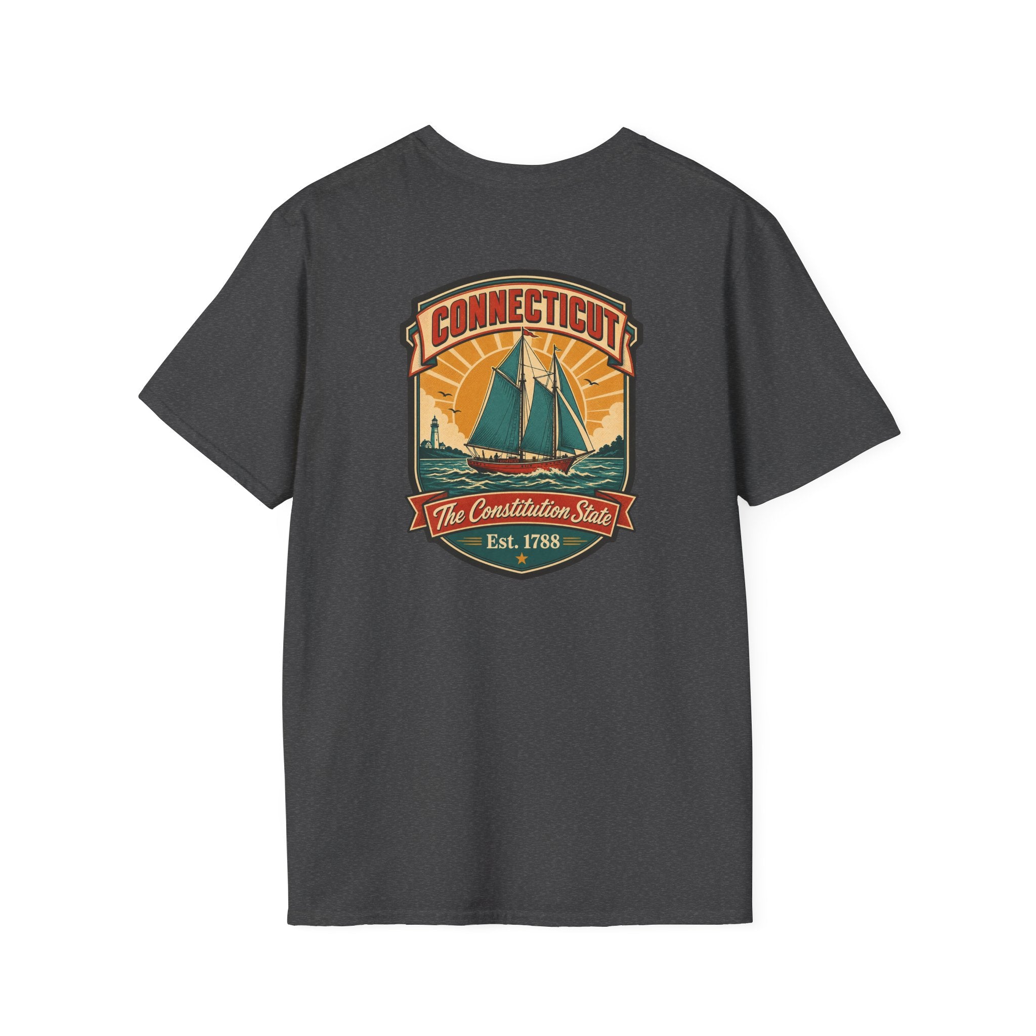 Dark gray T-shirt with Connecticut badge sailboat graphic on the chest
