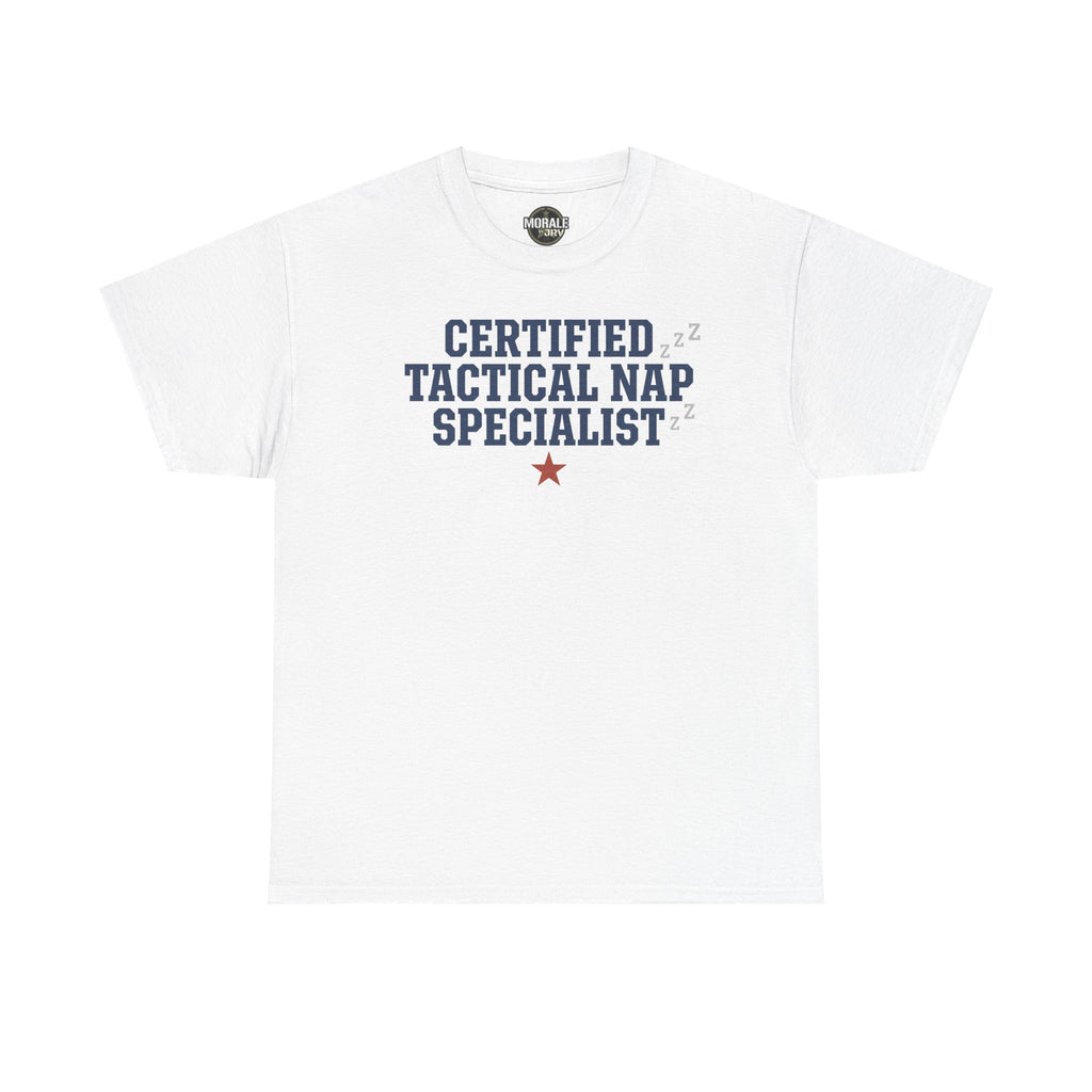 White crewneck tee with 'Certified Tactical Nap Specialist' print