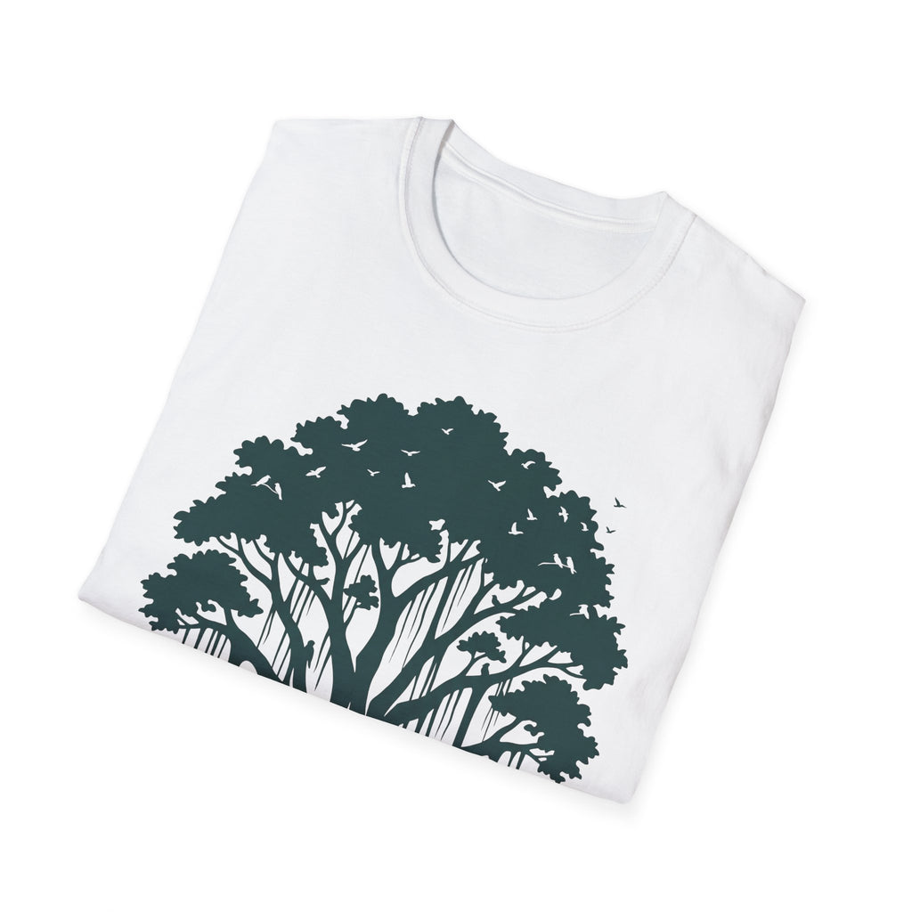 White T-shirt with dark green tree canopy and birds graphic across the chest