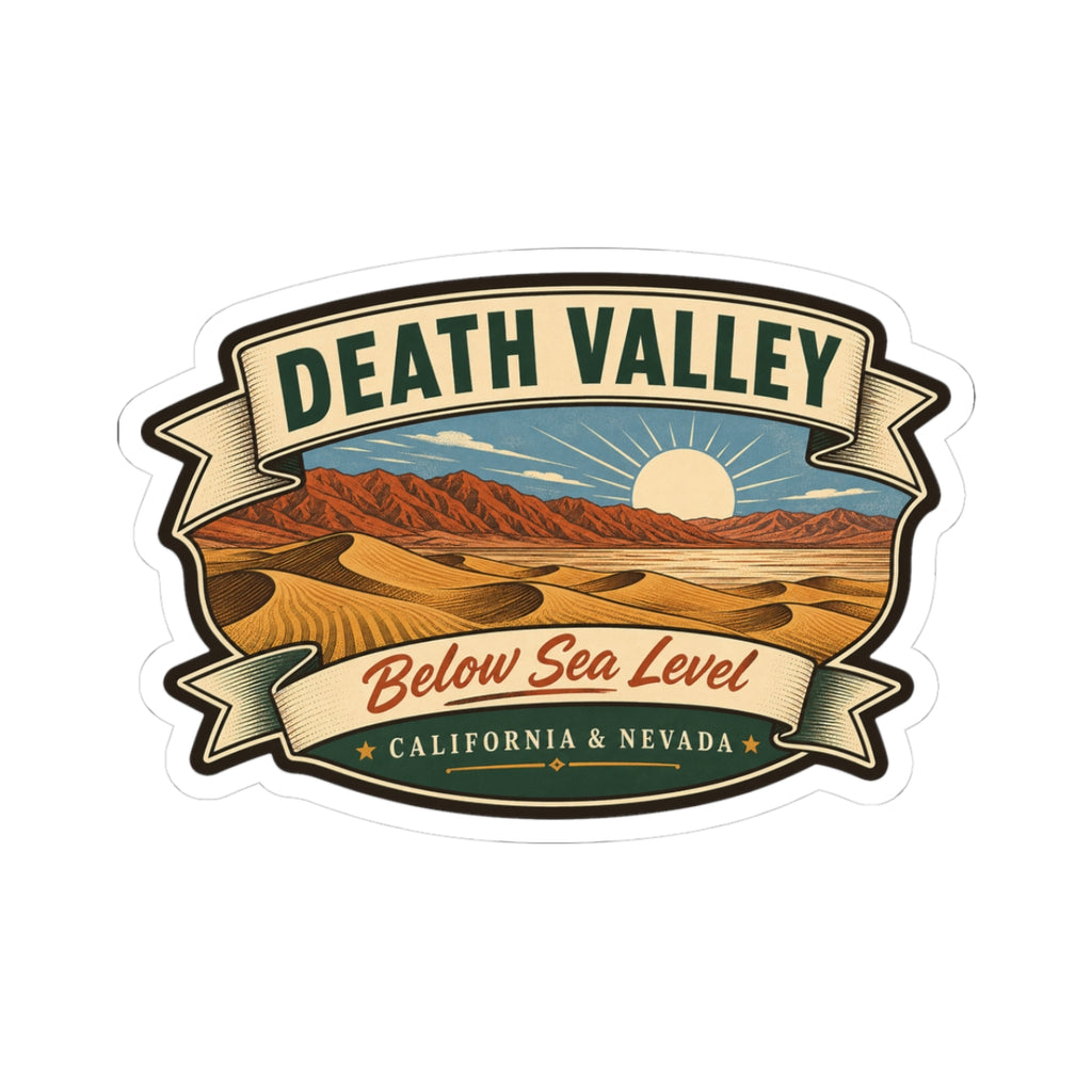 Die-cut travel sticker with desert mountains, sun, “Death Valley” and “Below Sea Level”