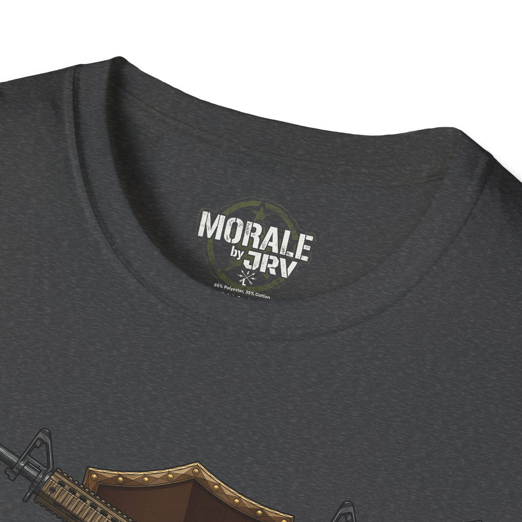 Dark heather T-shirt neck label and part of graphic on back close-up