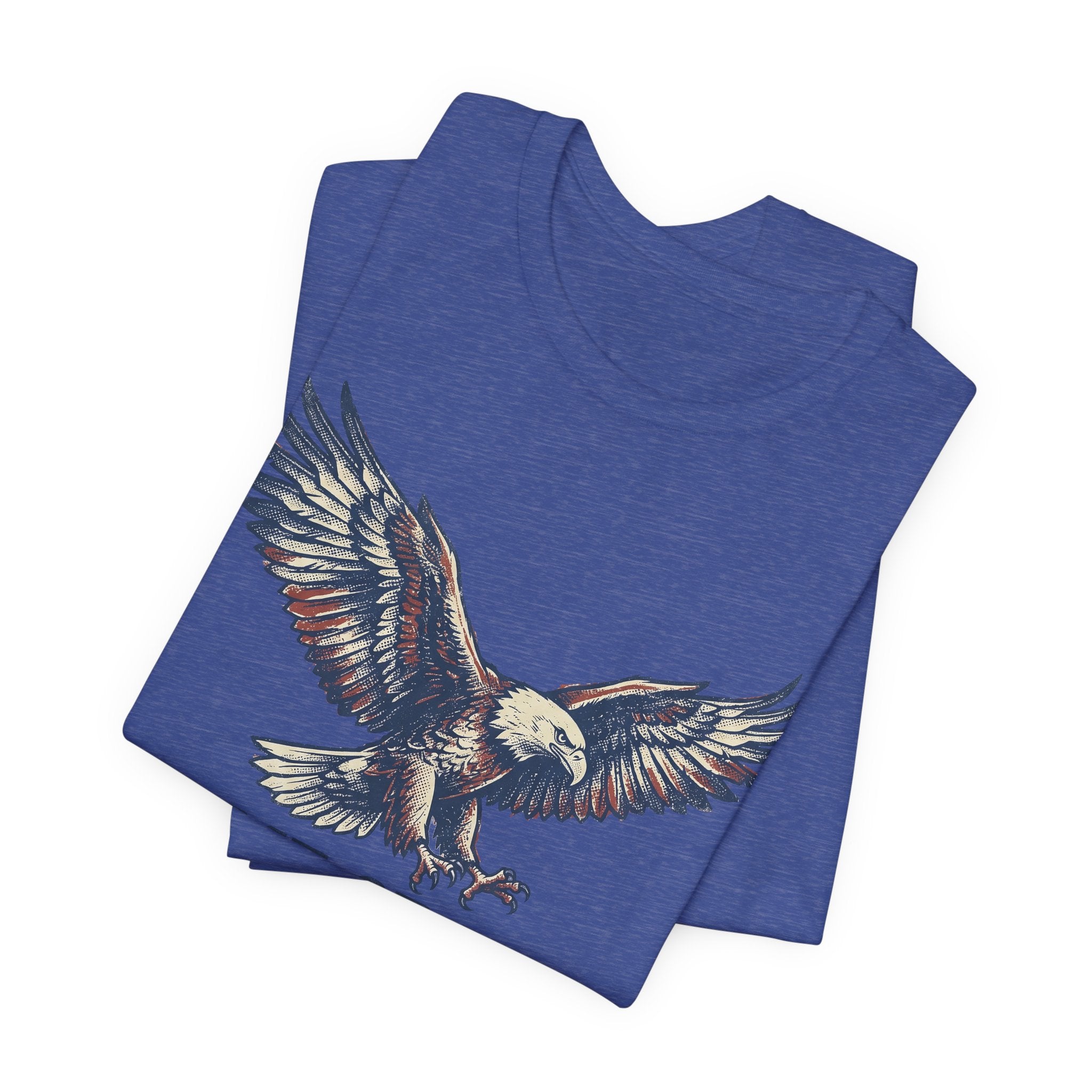 Blue heather T-shirt with partial eagle graphic across the chest