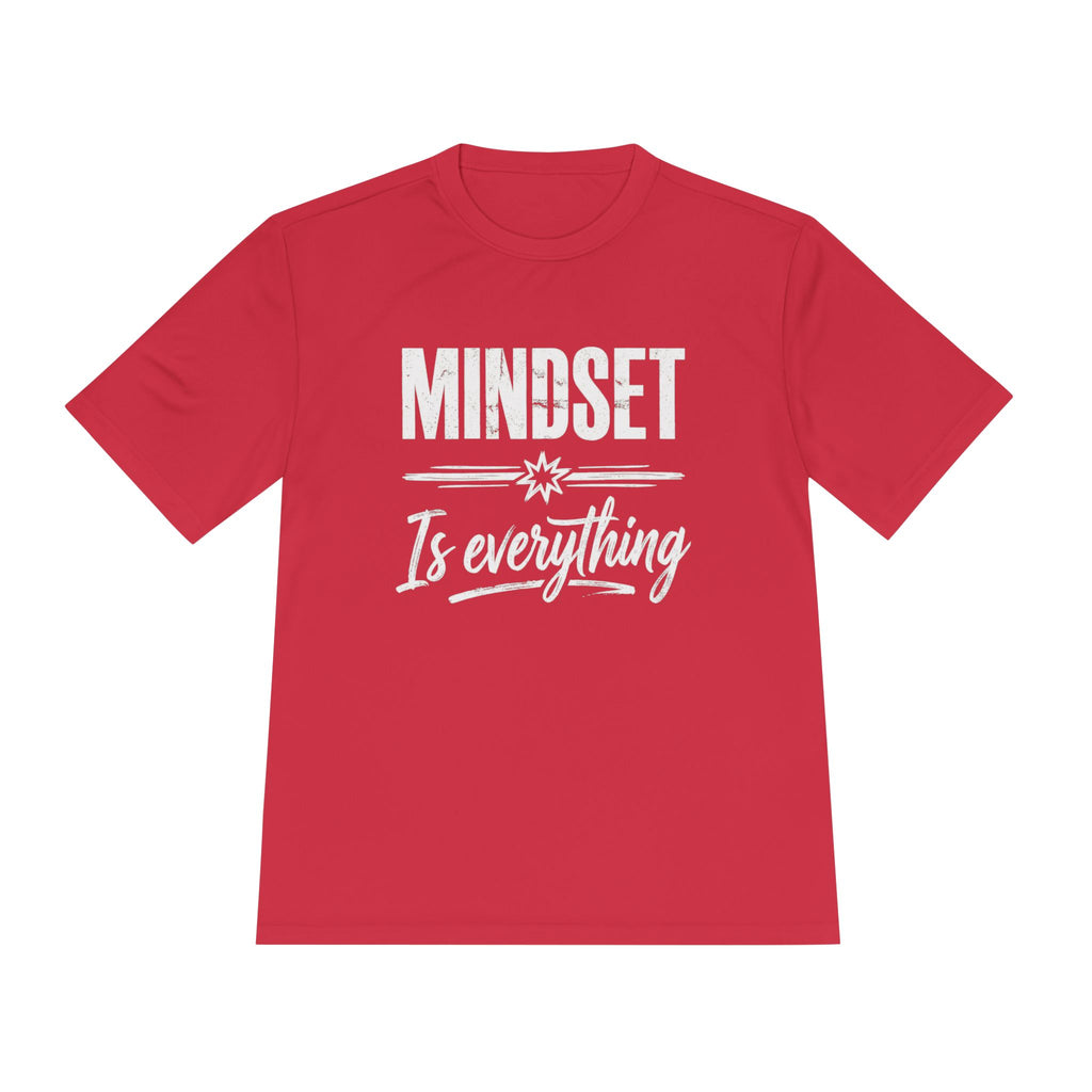 Red T-shirt with “MINDSET” and “Is everything” typography graphic on front
