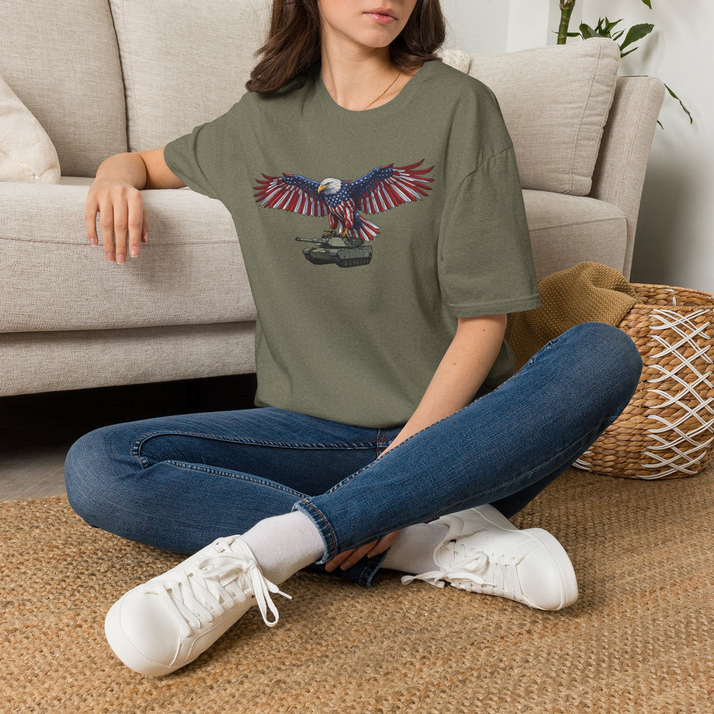 Heather military green crew-neck T-shirt with patriotic eagle and tank print