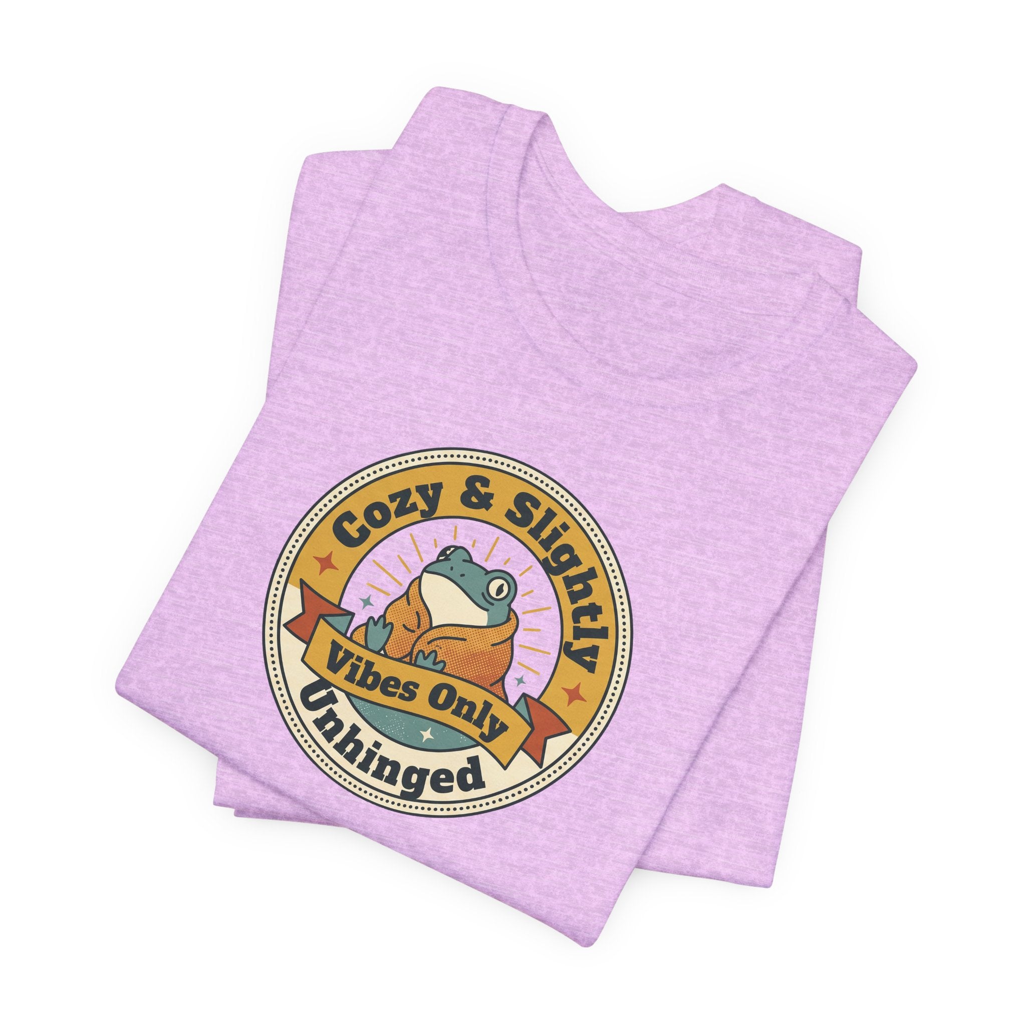Lavender heather T-shirt with circular sloth graphic badge on front
