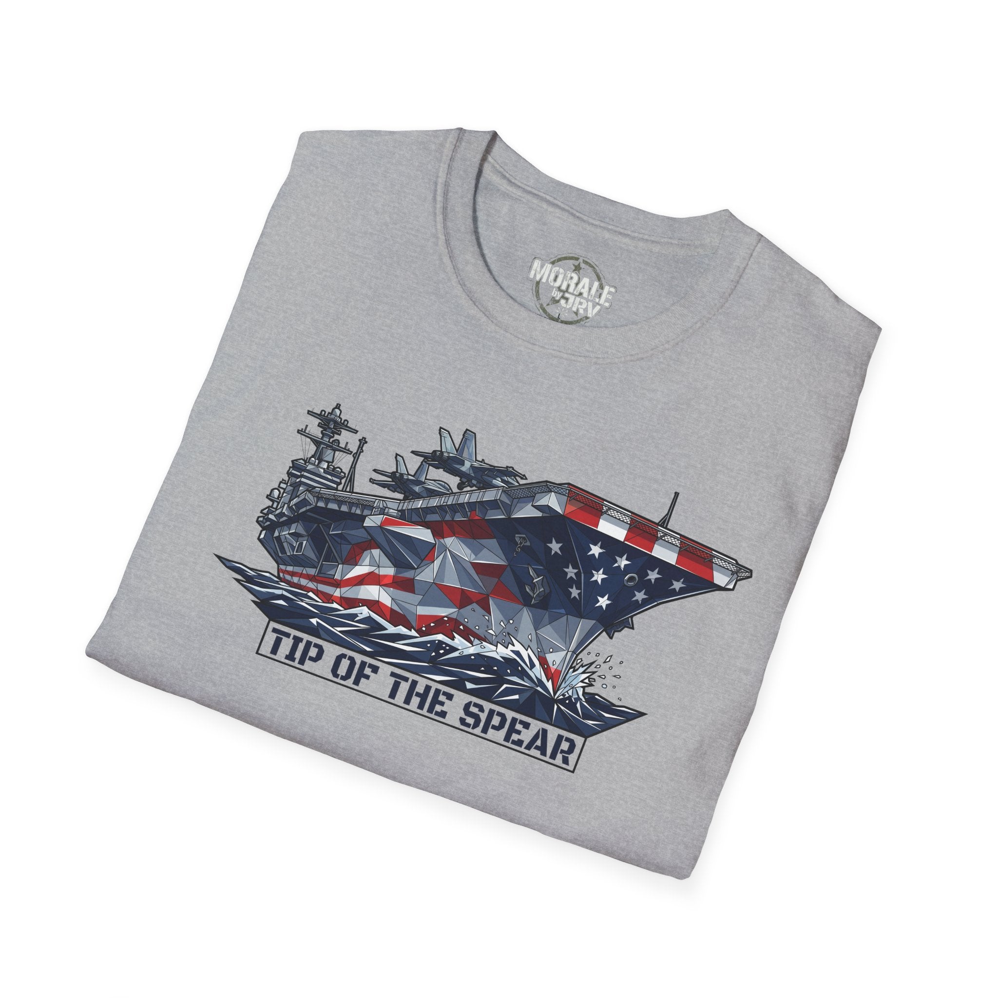 Sport gray aircraft carrier T-shirt with American flag 'Tip of the Spear' graphic