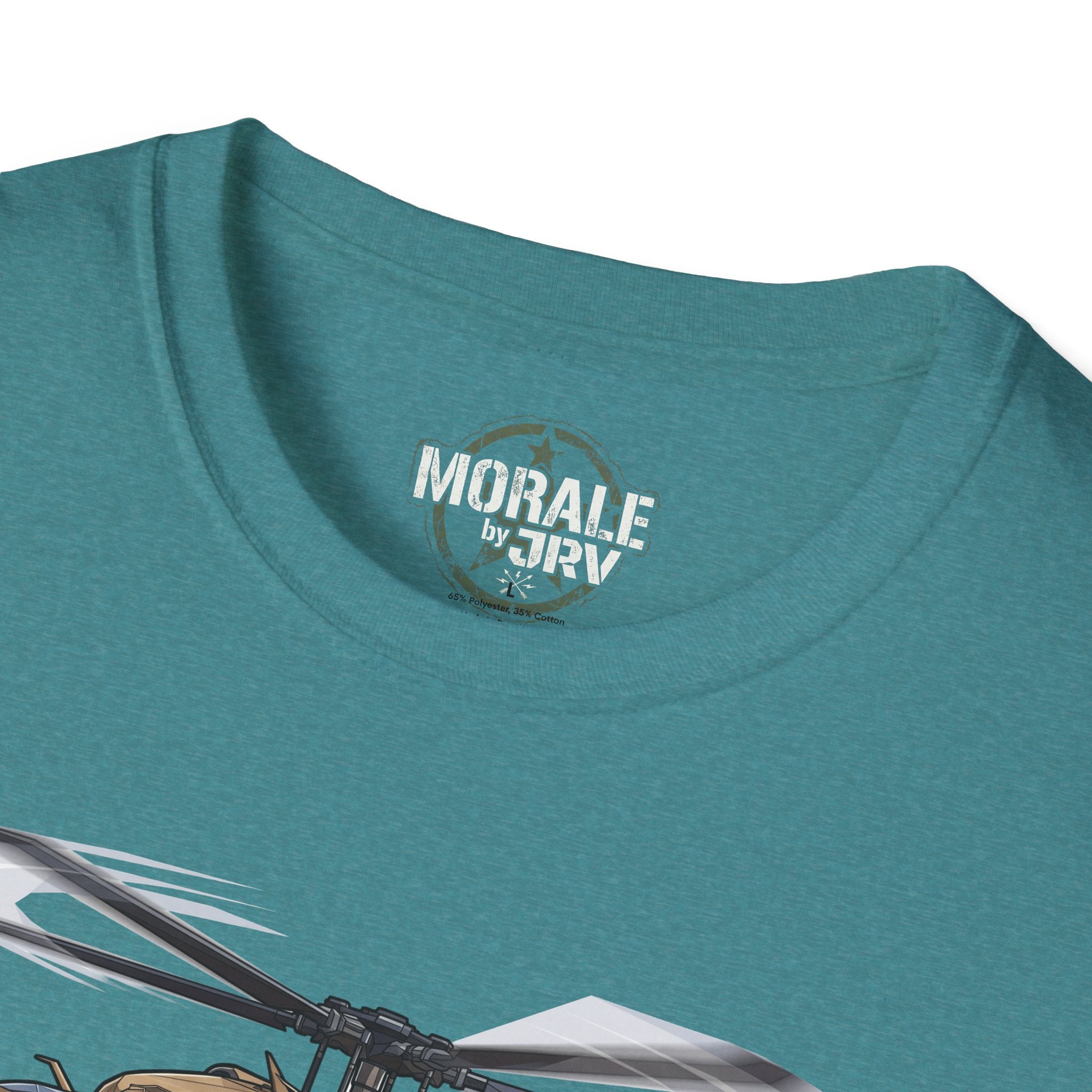 UH-60 Black Hawk T-Shirt, teal heather crew neck with “Morale by 3DRV” logo