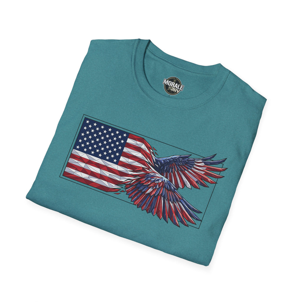 Teal T-shirt featuring eagle-and-US flag graphic centered on the front