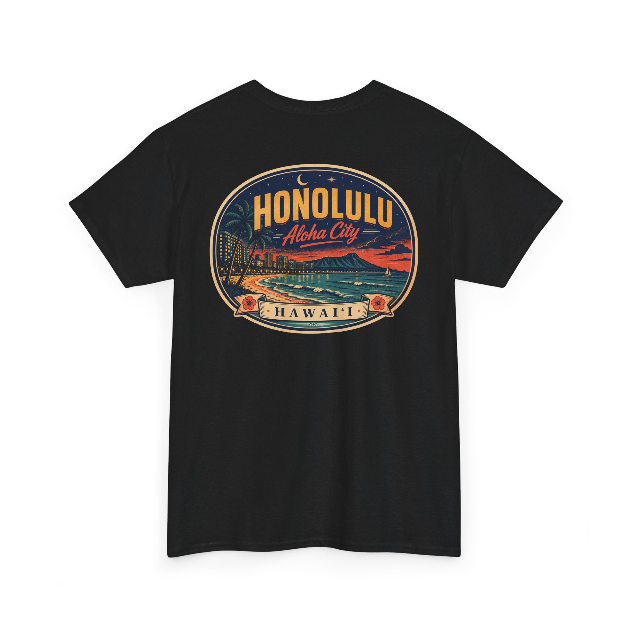 Black T-shirt with circular HONOLULU Aloha City graphic on front