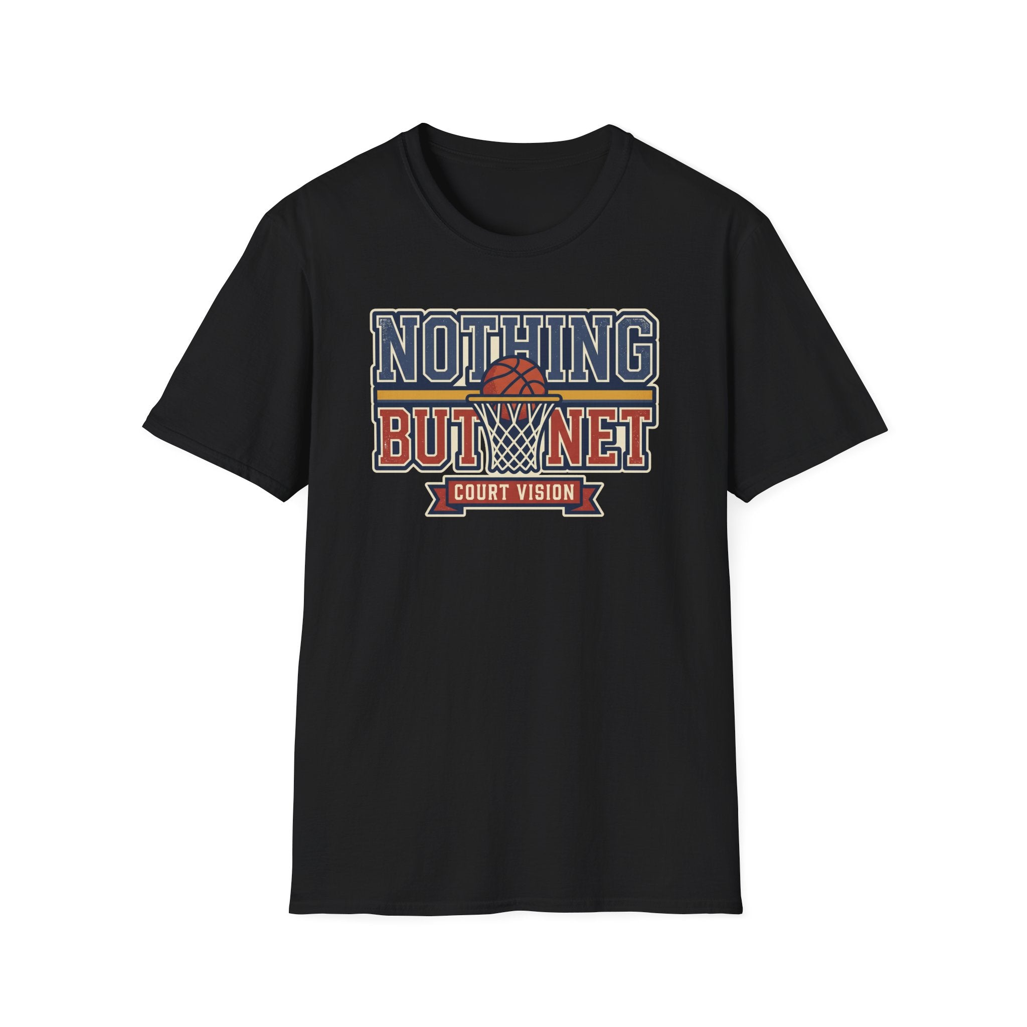 Black basketball T-shirt with “Nothing But Net” court vision graphic on front.