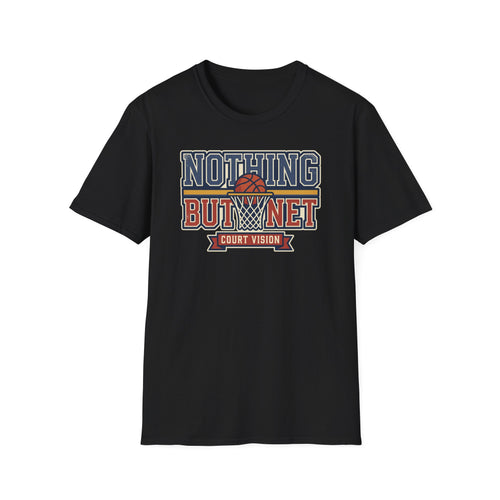Black basketball T-shirt with “Nothing But Net” court vision graphic on front.