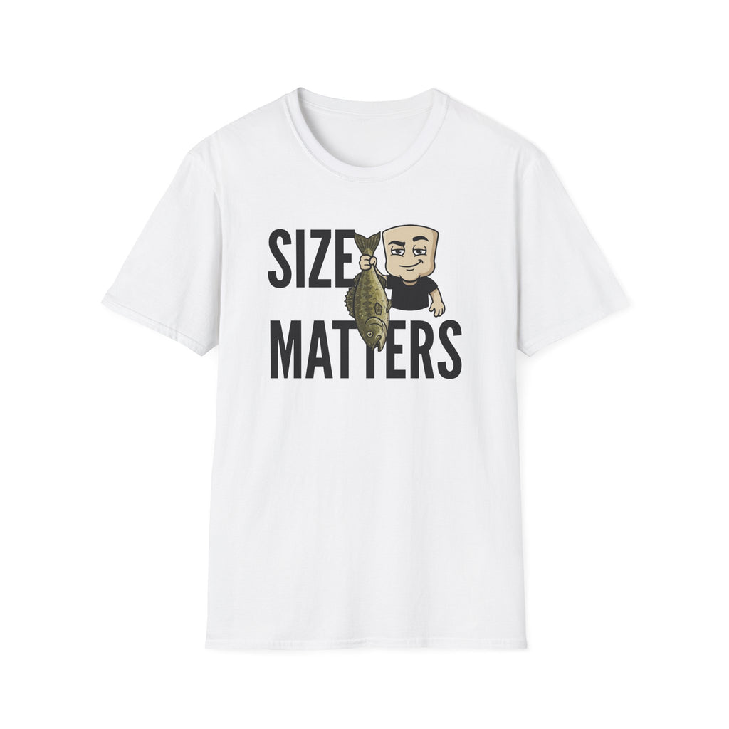 White T-shirt with “SIZE MATTERS” graphic of a man holding a fish