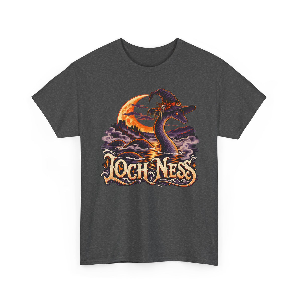 Dark gray crewneck T-shirt with Loch Ness monster wearing witch hat graphic