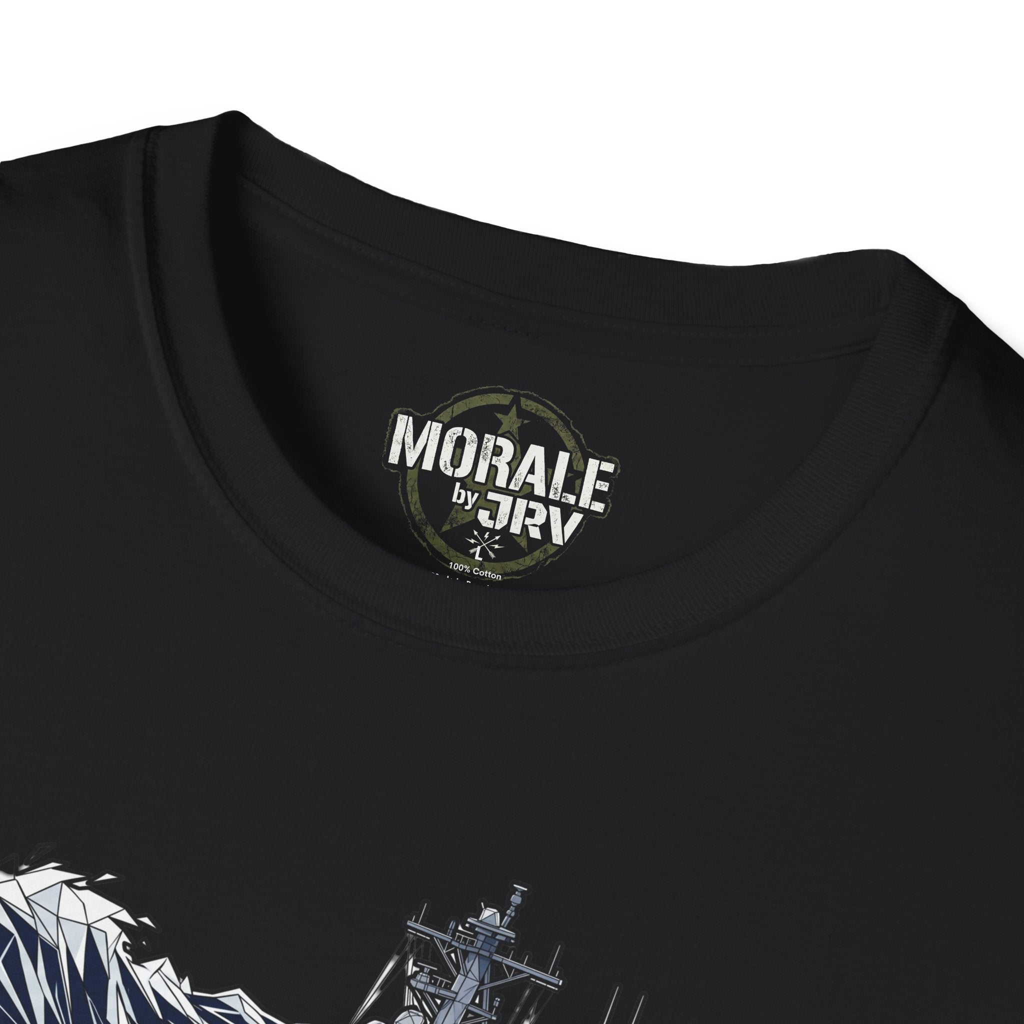 Black T-shirt with “MORALE by TRV” logo on the neckline