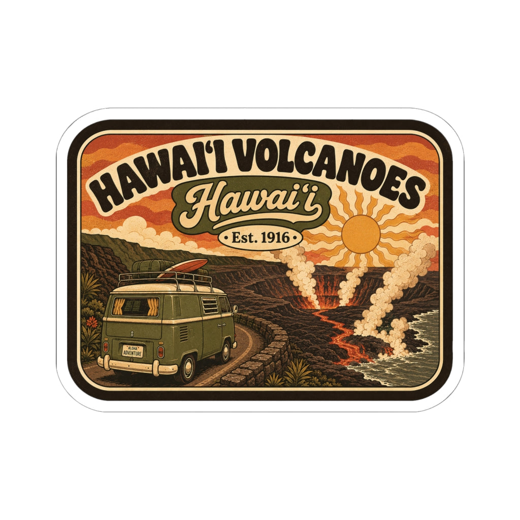 Kiss-cut travel sticker with vintage-style Hawaii Volcanoes text, lava clouds, orange sun