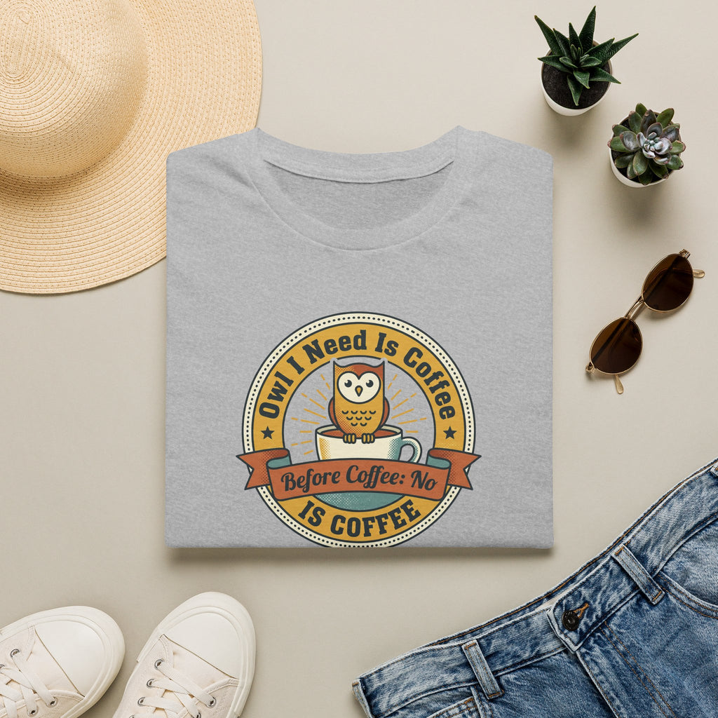 Light gray T-shirt with circular owl coffee graphic on front