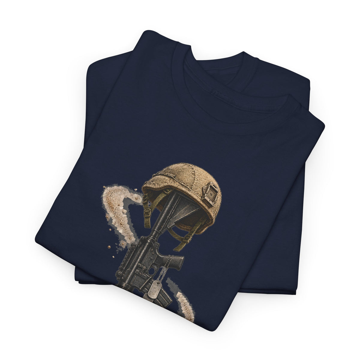 Purple crew-neck T-shirt with helmeted soldier graphic on front