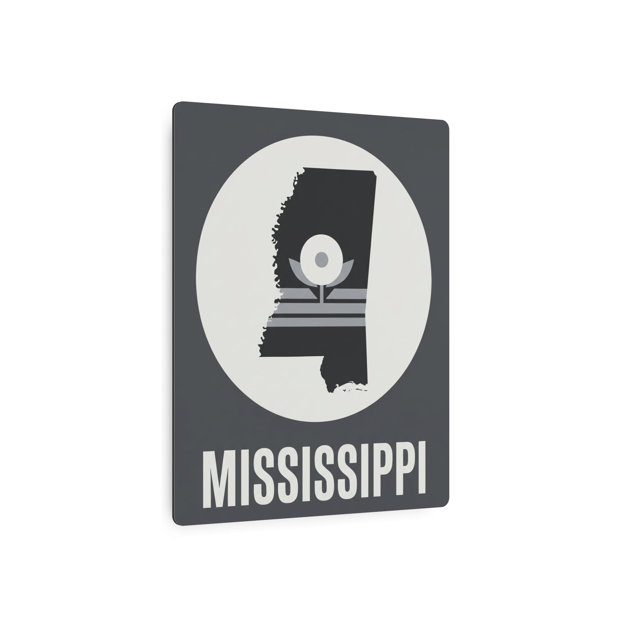 Mississippi metal art sign with circular magnolia emblem and MISSISSIPPI lettering