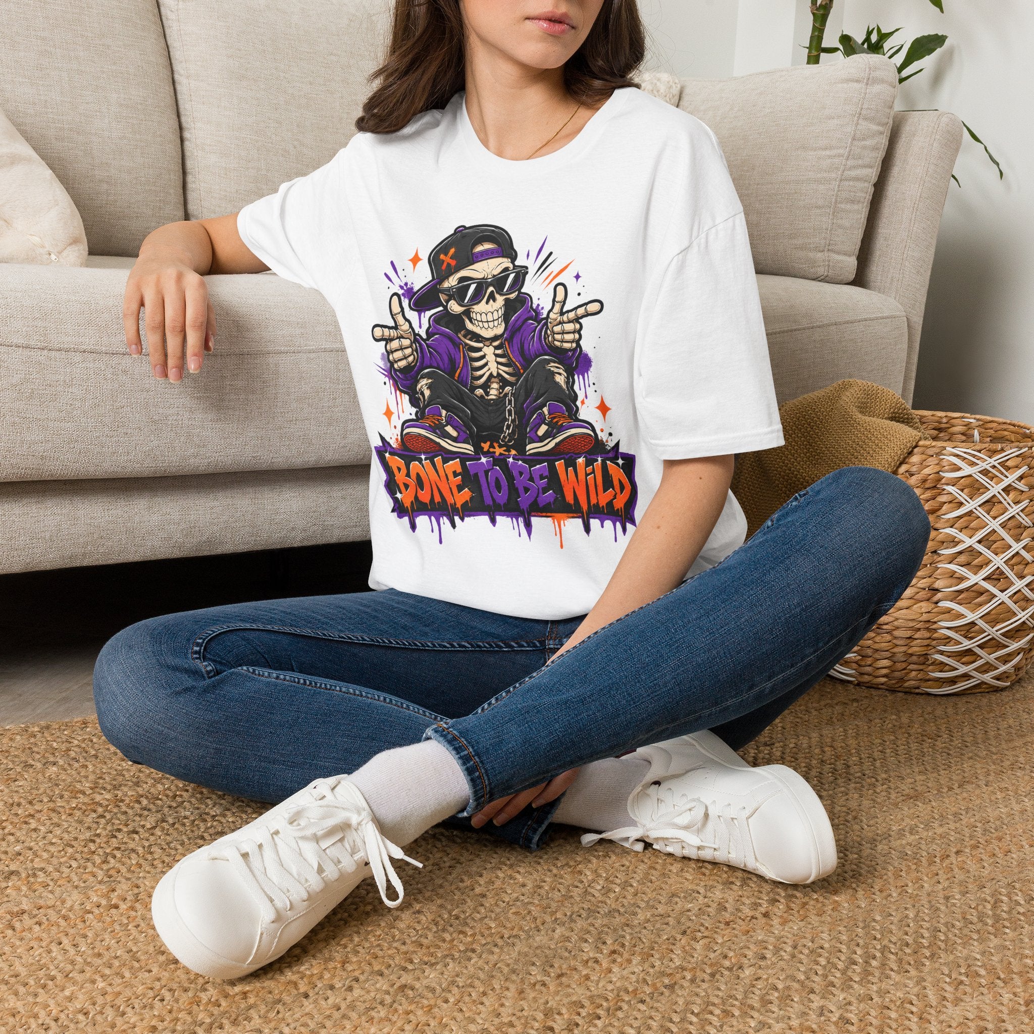 White skeleton DJ T-shirt with purple headphones skull front graphic