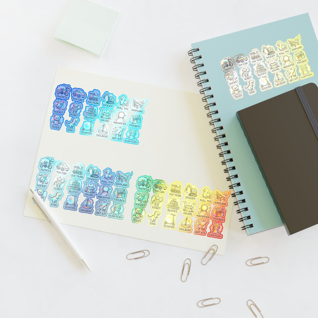 Die-cut toy icon sticker sheet with colorful outlined designs on light backing