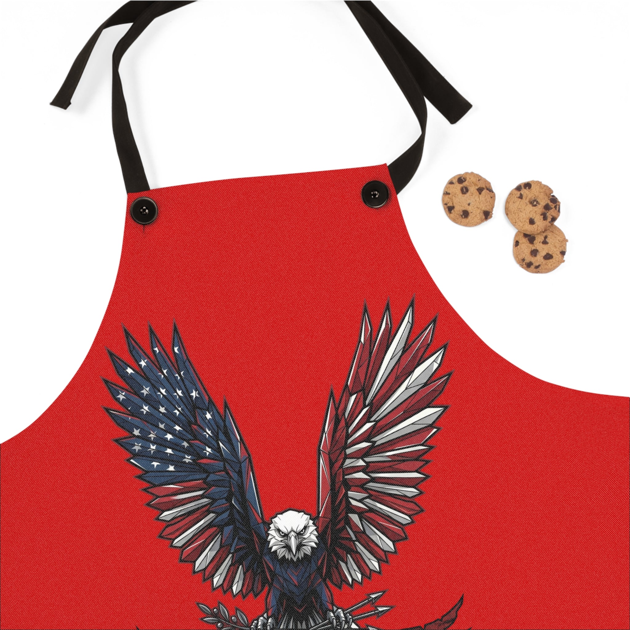 Red apron with black neck ties and eagle wings graphic, Liberty or Death text